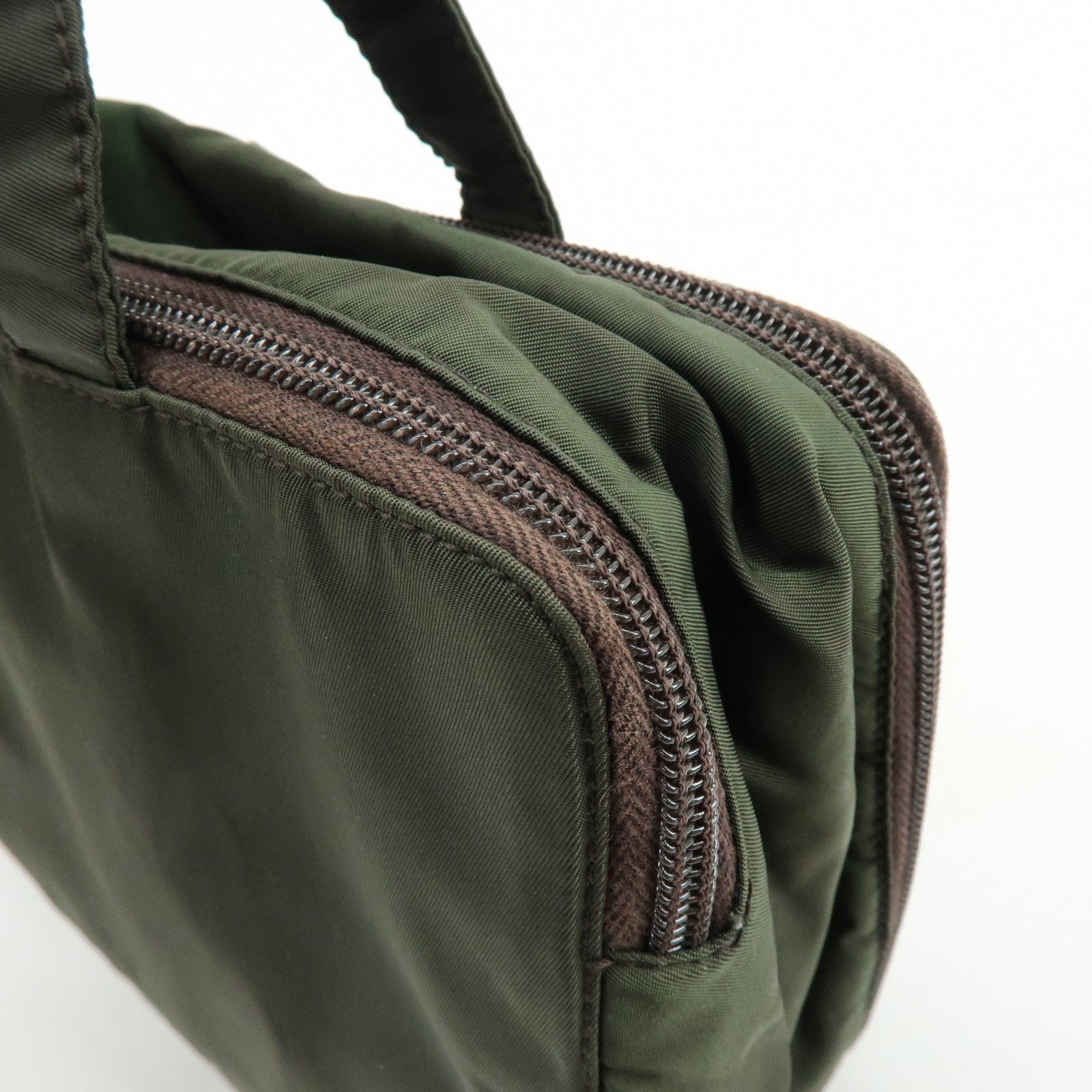 PRADA Triangle Logo Nylon Leather Hand Bag Cosmetic Case Khaki
