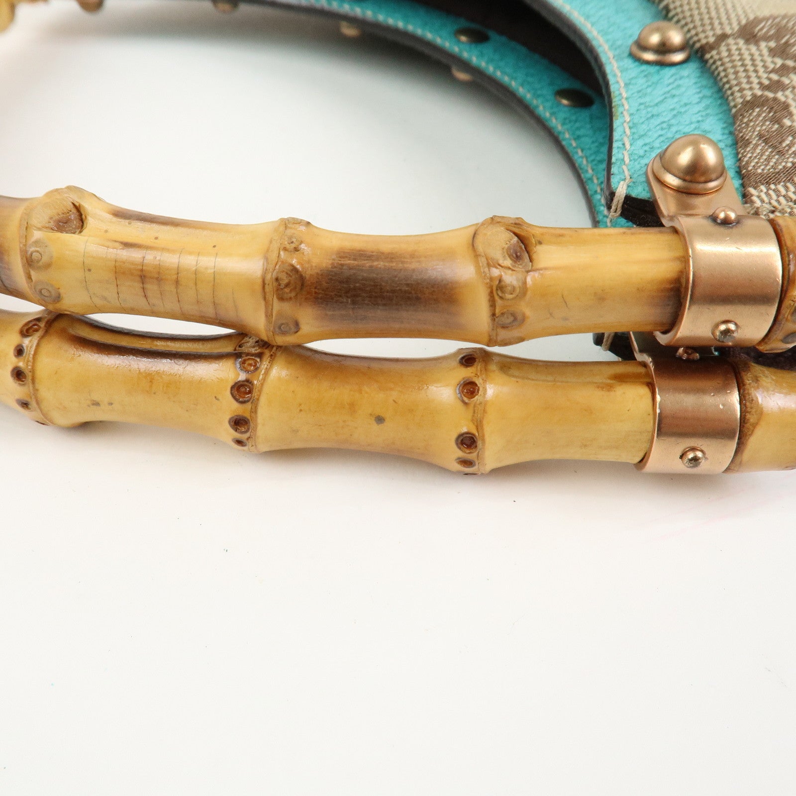 GUCCI Bamboo GG Canvas Leather Hand Bag Brown Light Blue 124297