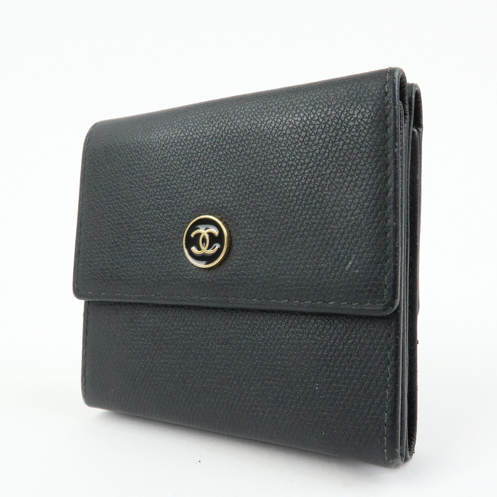 CHANEL COCO Button Calf Leather Compact Wallet Black