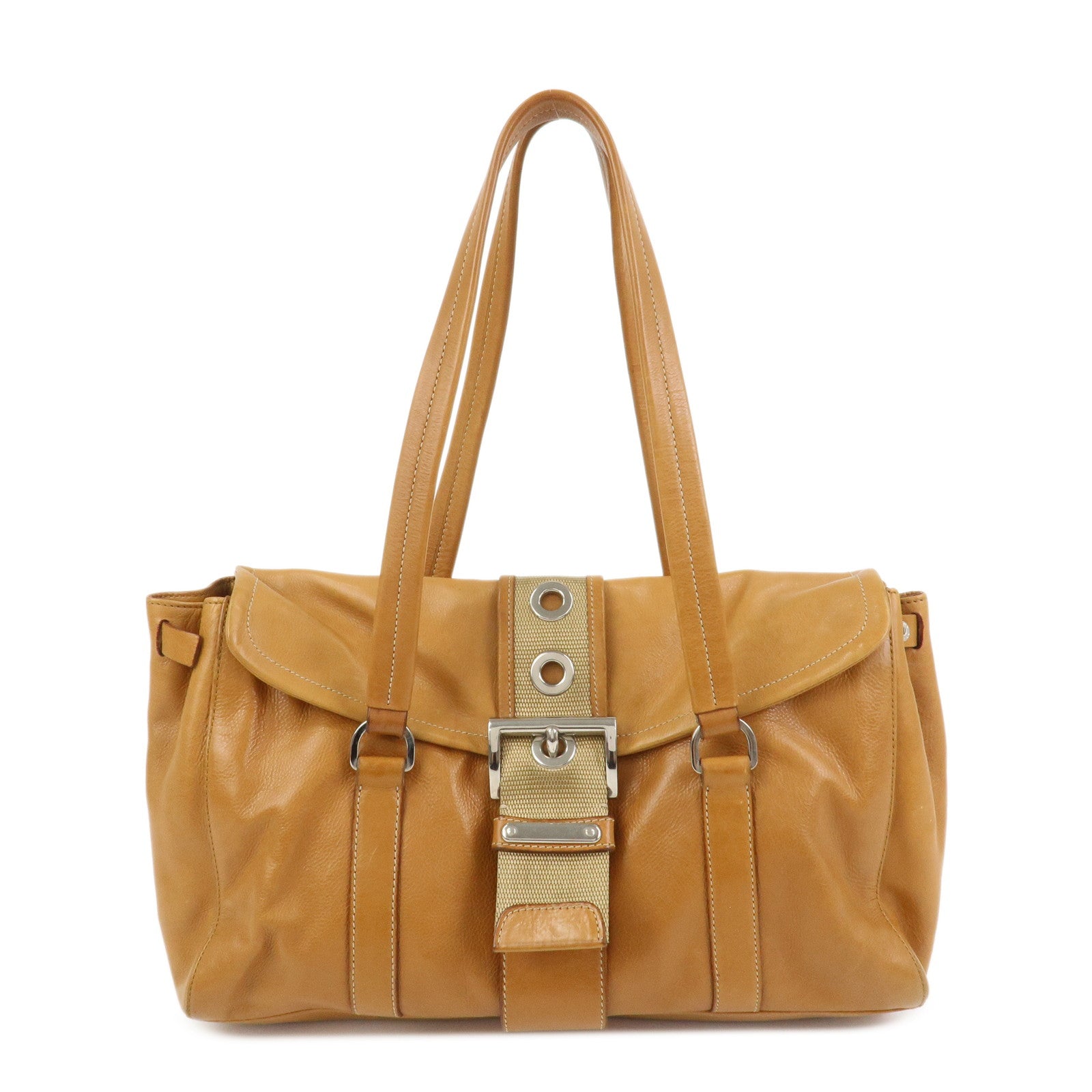 PRADA Triangle Logo Leather Nylon Shoulder Bag Brown BR2418