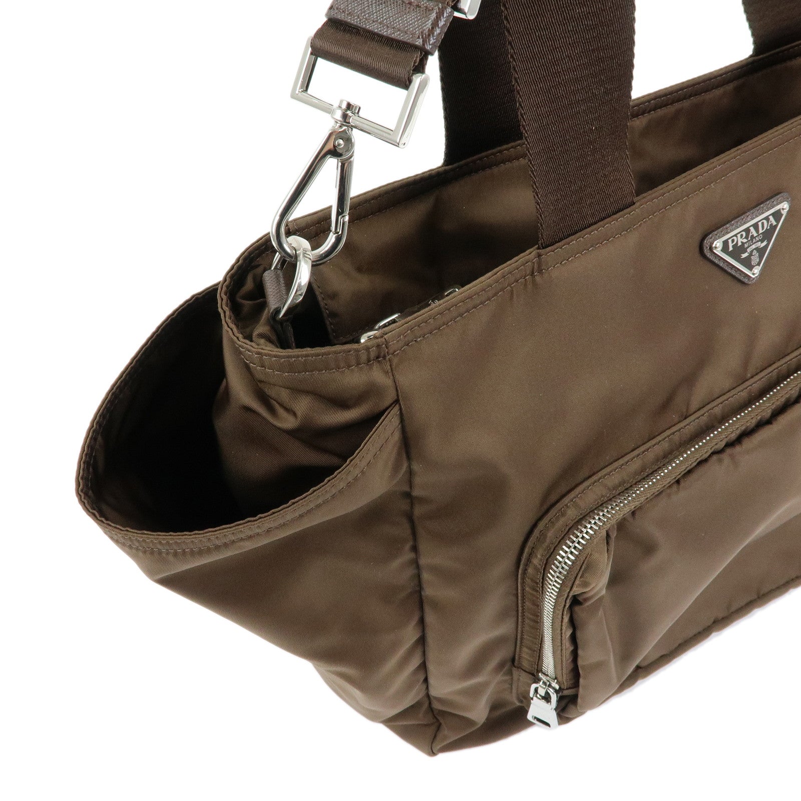 PRADA Triangle Logo Nylon Leather 2Way Hand Bag Khaki Brown 1BG102