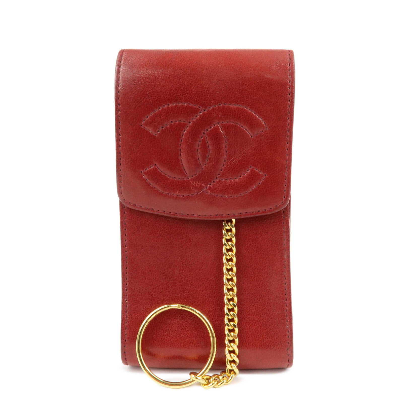 CHANEL COCO Mark Lamb Skin Cigarette Case Key Case Red