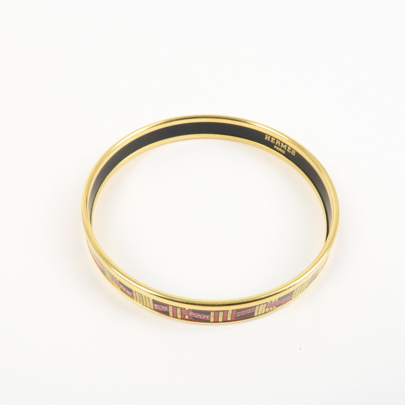 HERMES Plating Email PM Bangle Bracelet Black Gold Red Used