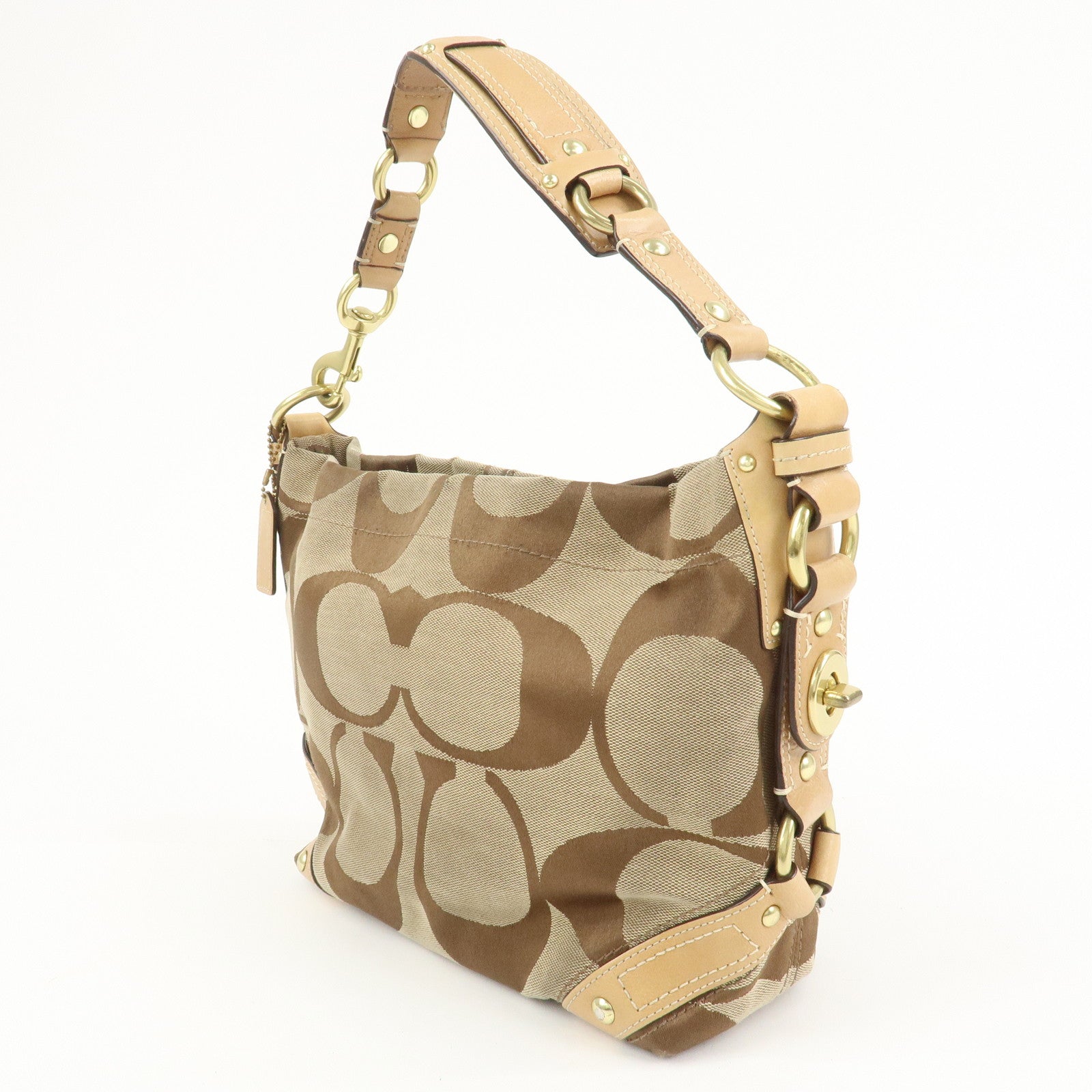 COACH Signature Canvas Leather Shoulder Hand Bag Beige