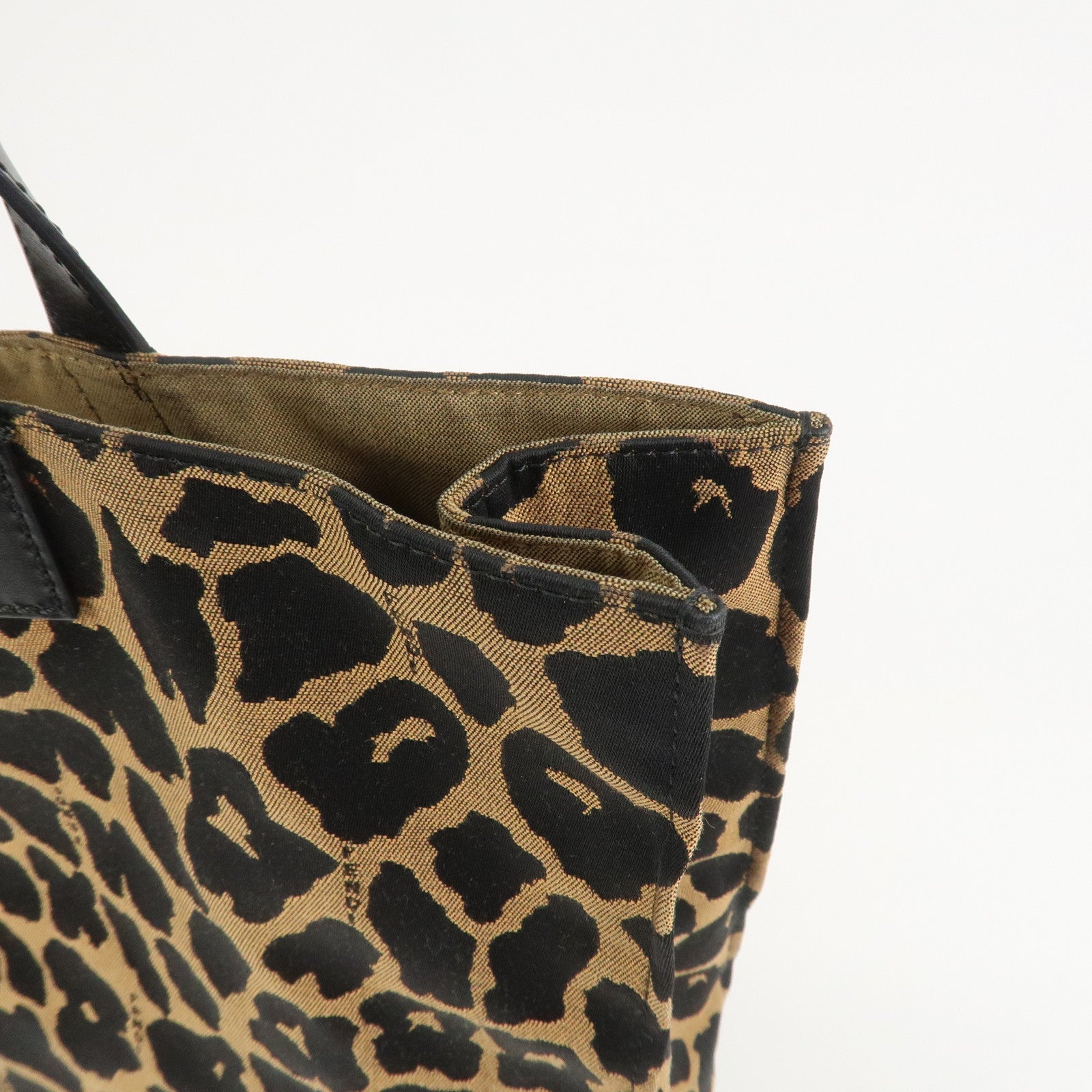 FENDI Leopard Canvas Leather Tote Bag Hand Bag Brown Black 8BH173