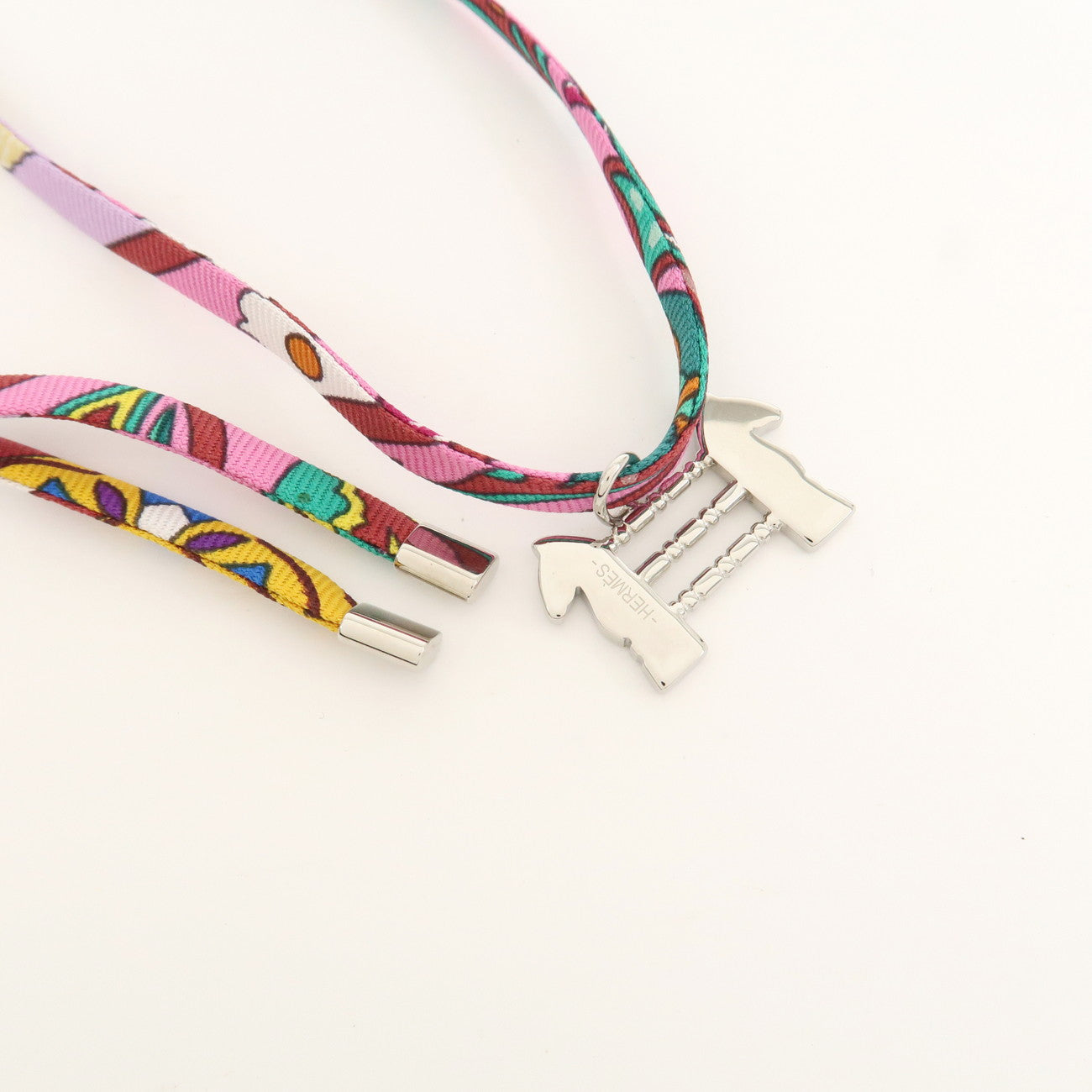 HERMES Tourbillon Stainless Steel Silk Necklace Choker Silver Pink