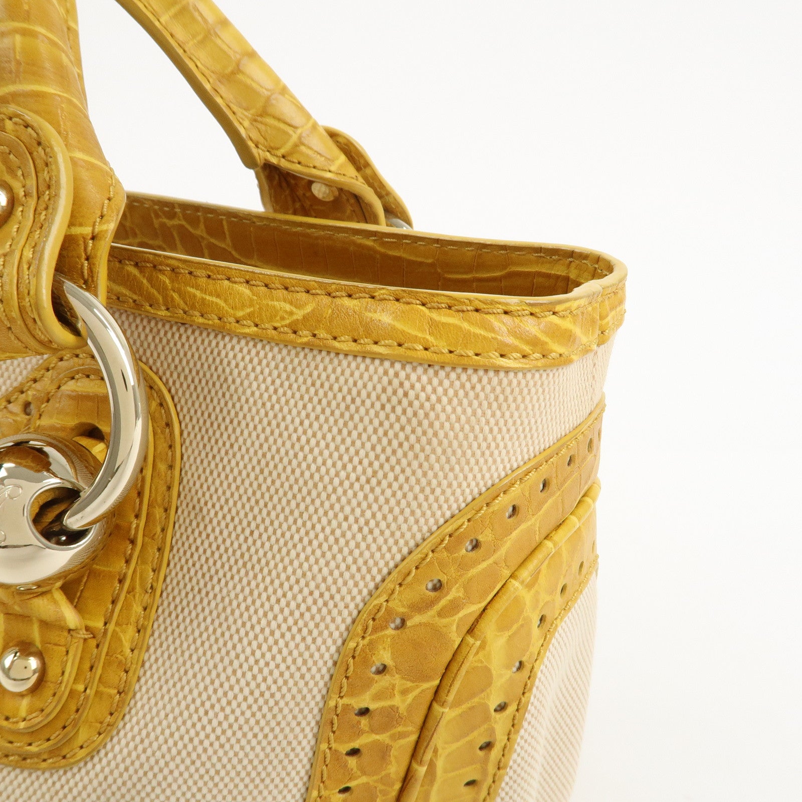 CELINE Boogie Bag Canvas Embossed Leather Hand Bag Natural Yellow