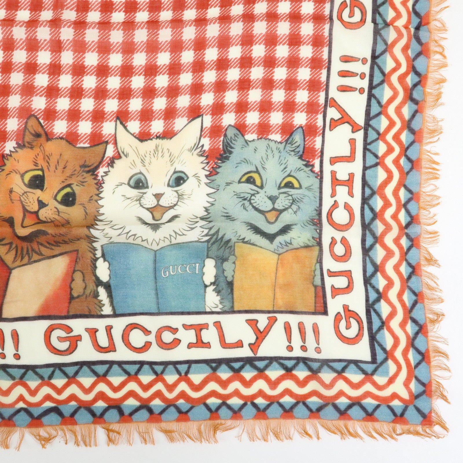 GUCCI Rayon Silk Scarf 5 Cats Print Gingham Red