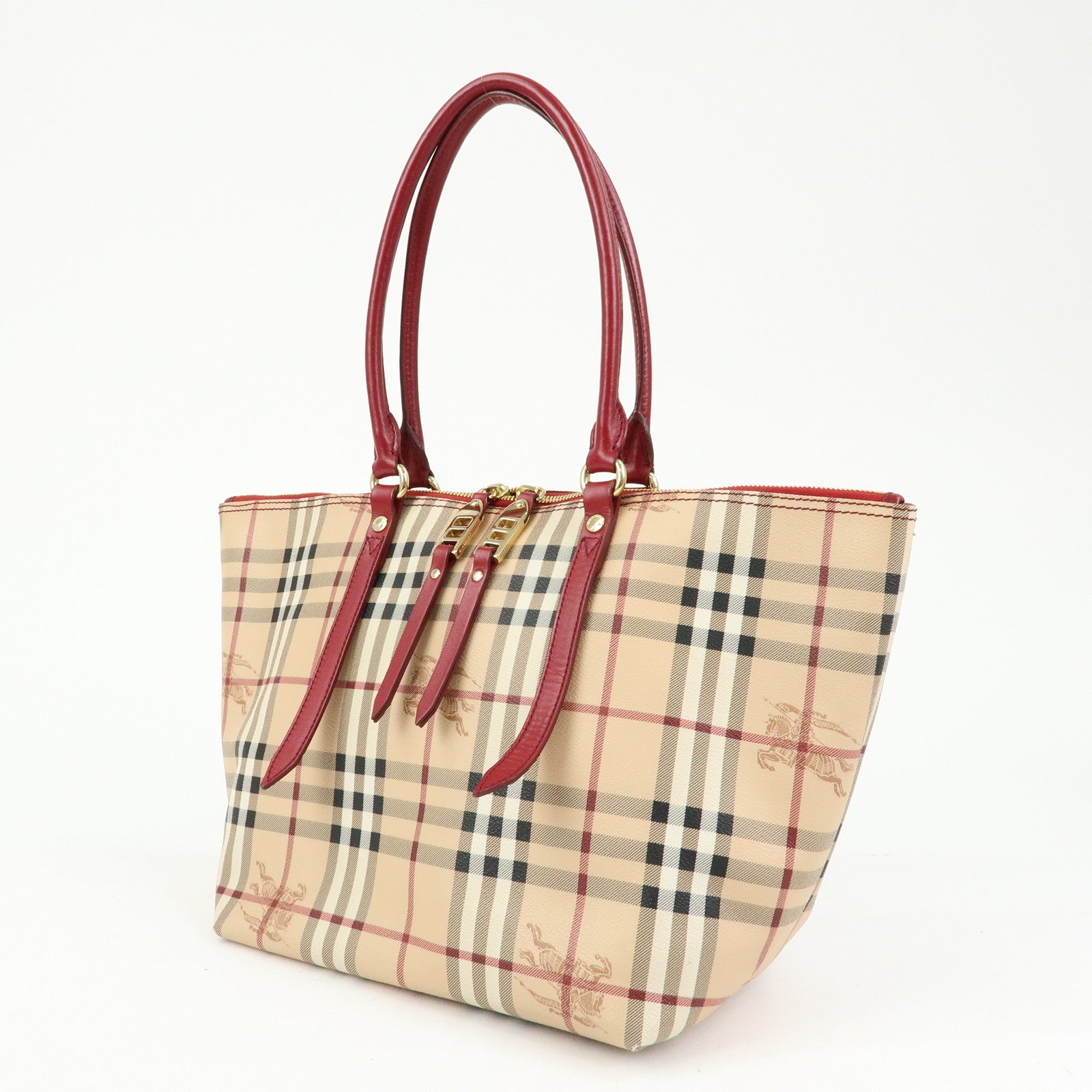 BURBERRY Nova Plaid PVC Leather Tote Bag Hand Bag Beige Red