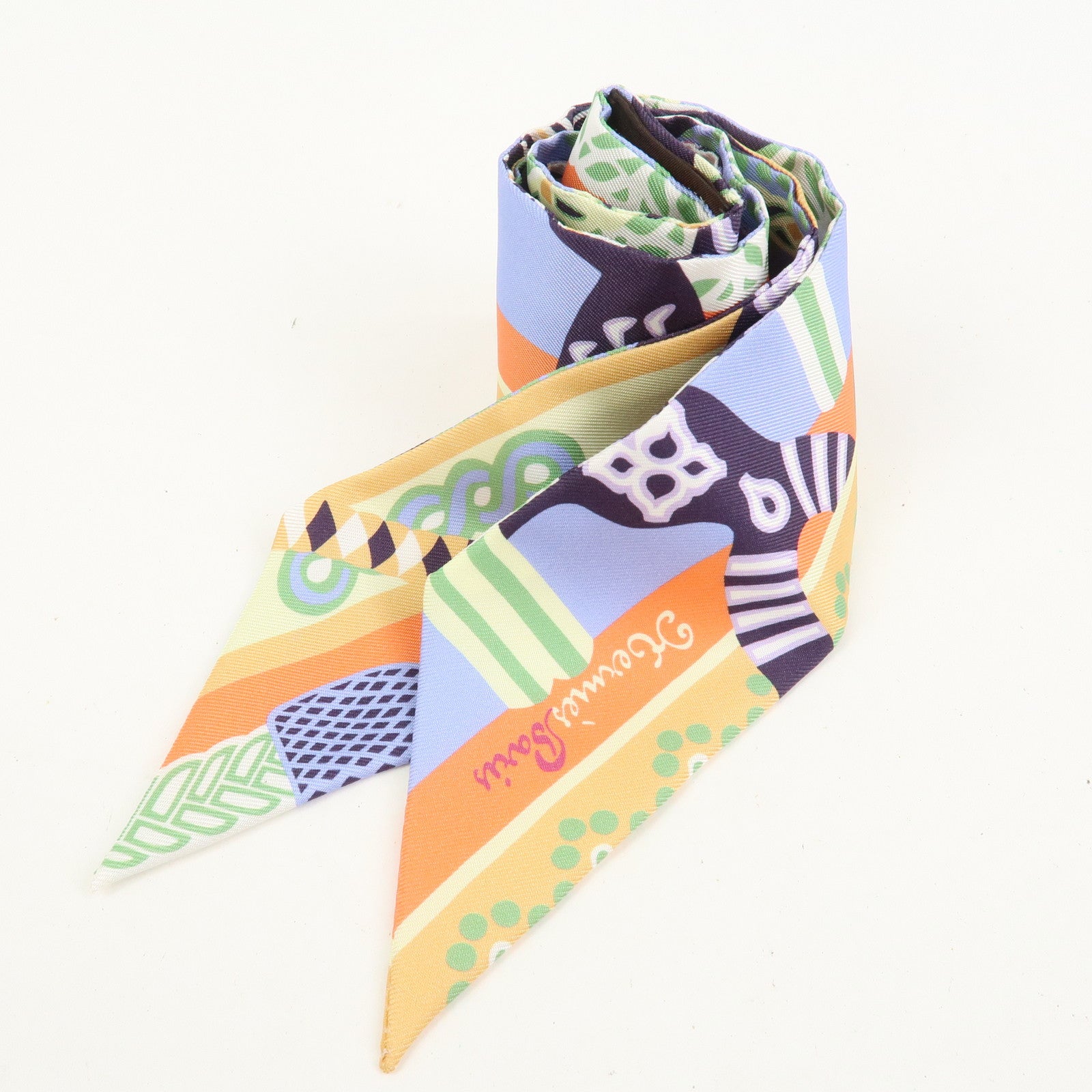 HERMES Twilly Silk 100% Scarf Fantaisie d'Etriers Orange Blue
