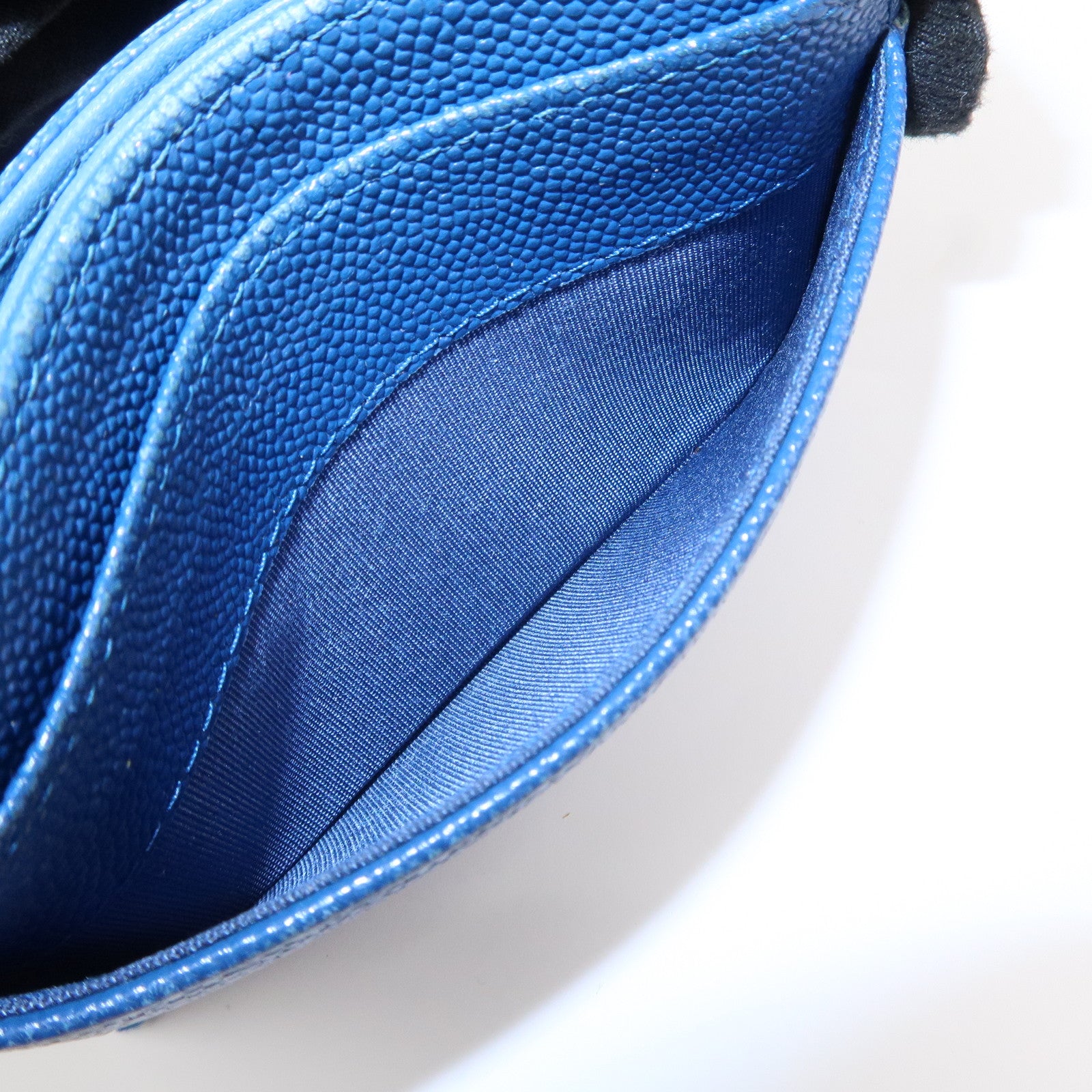 CHANEL Logo Caviarskin Leather Card Case Card Holder Blue