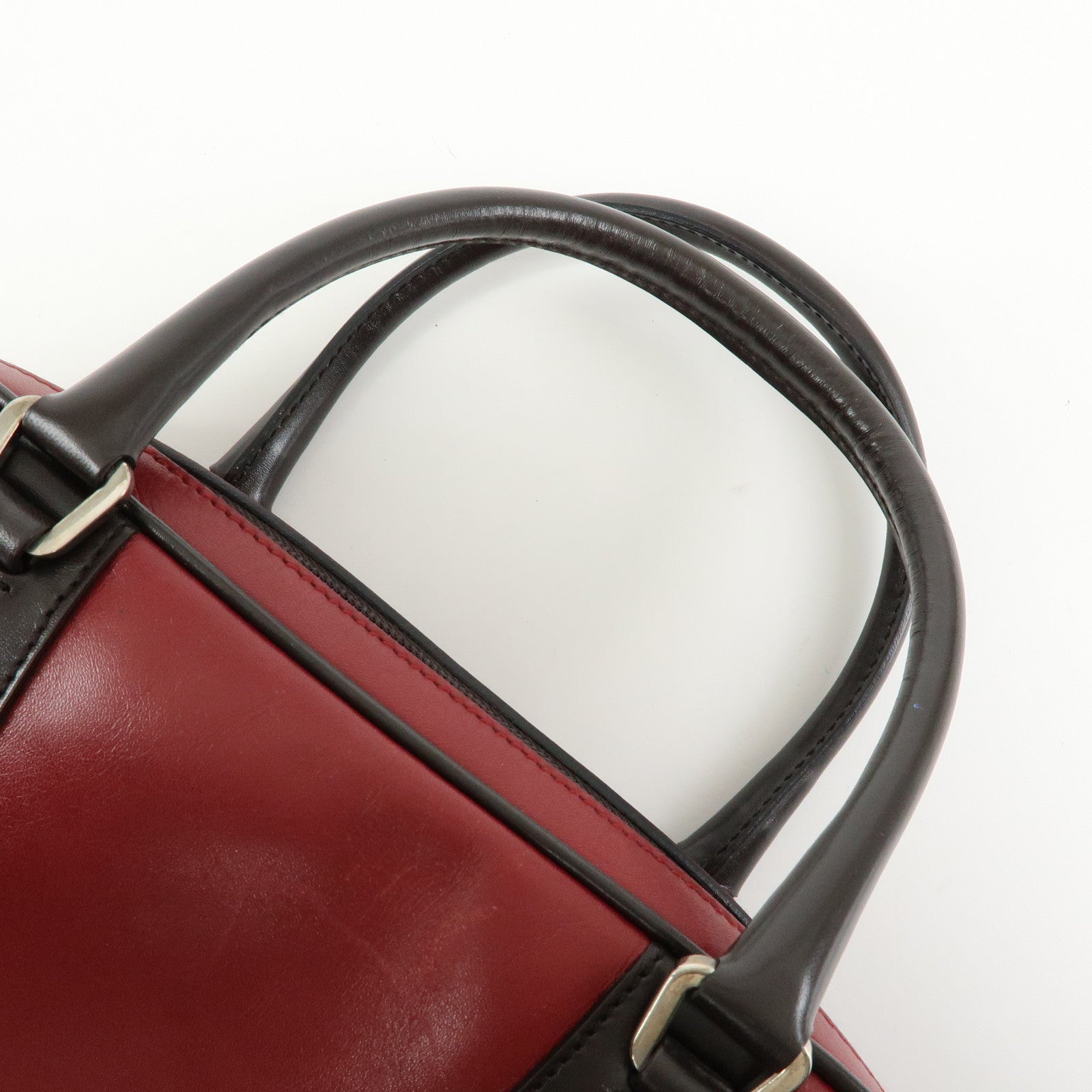 PRADA Leather Bicolor Hand Bag Mini Boston Bag Red Brown