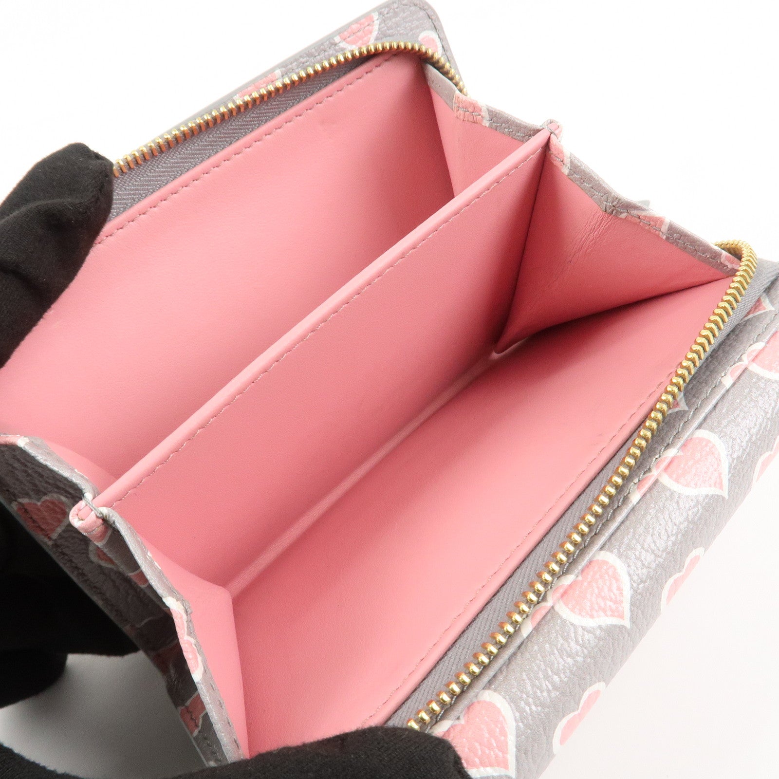 MIU MIU Leather Heart BI-fold Wallet Pink Gray Gold Hardware 5ML014 Used