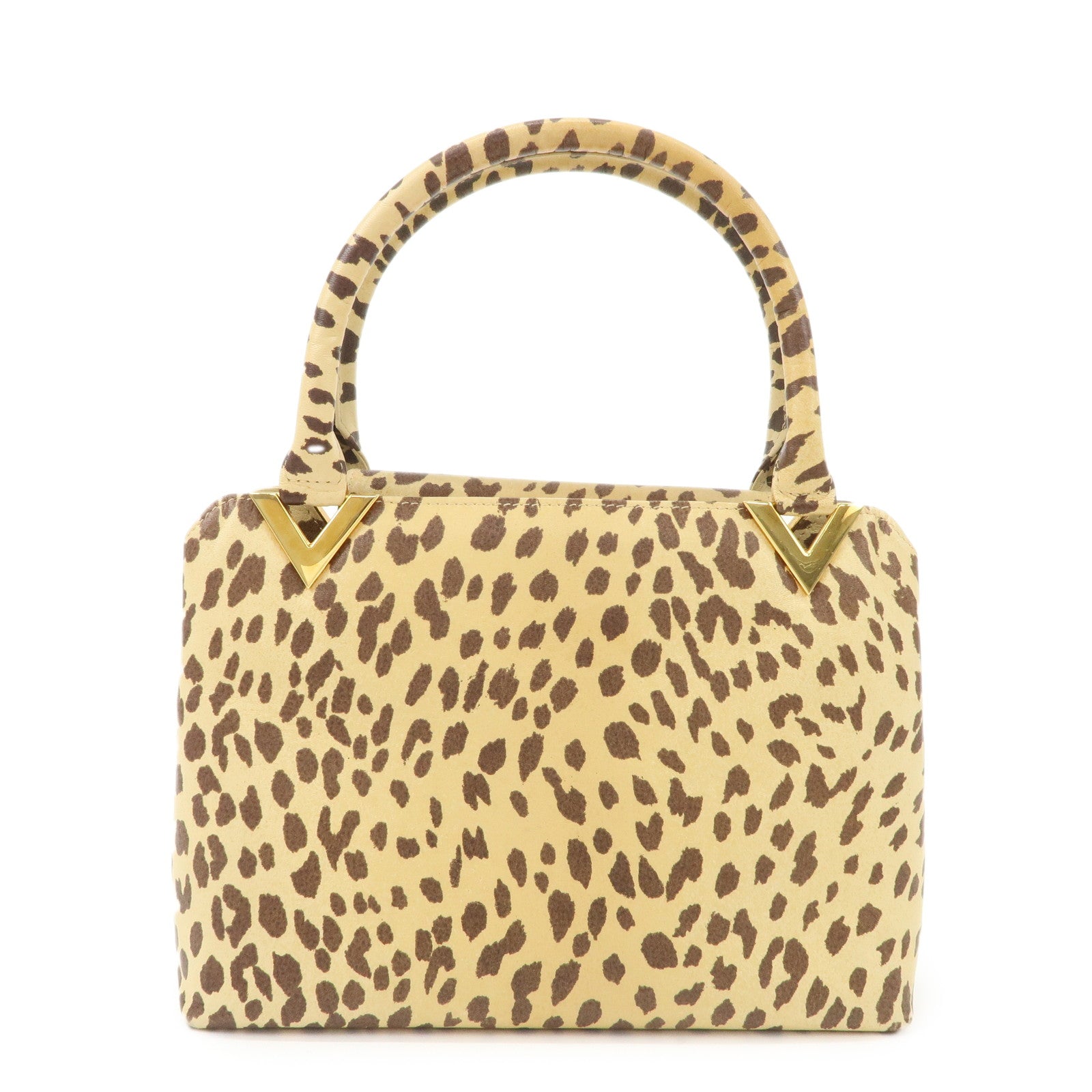 VALENTINO Leather Hand Bag Animal Leopard Beige Brown