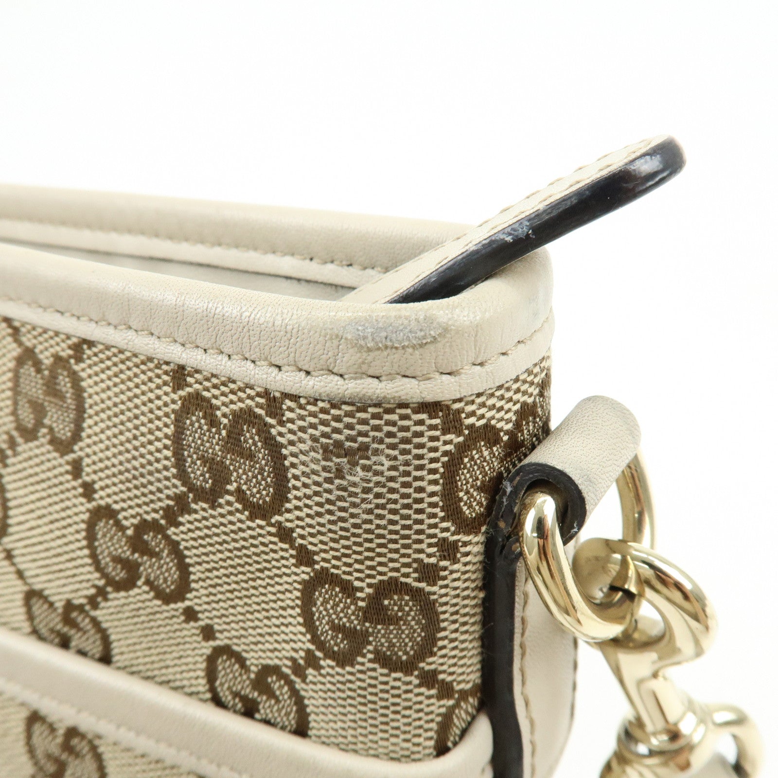 GUCCI GG Canvas Leather Shoulder Crossbody Bag Beige White 388924