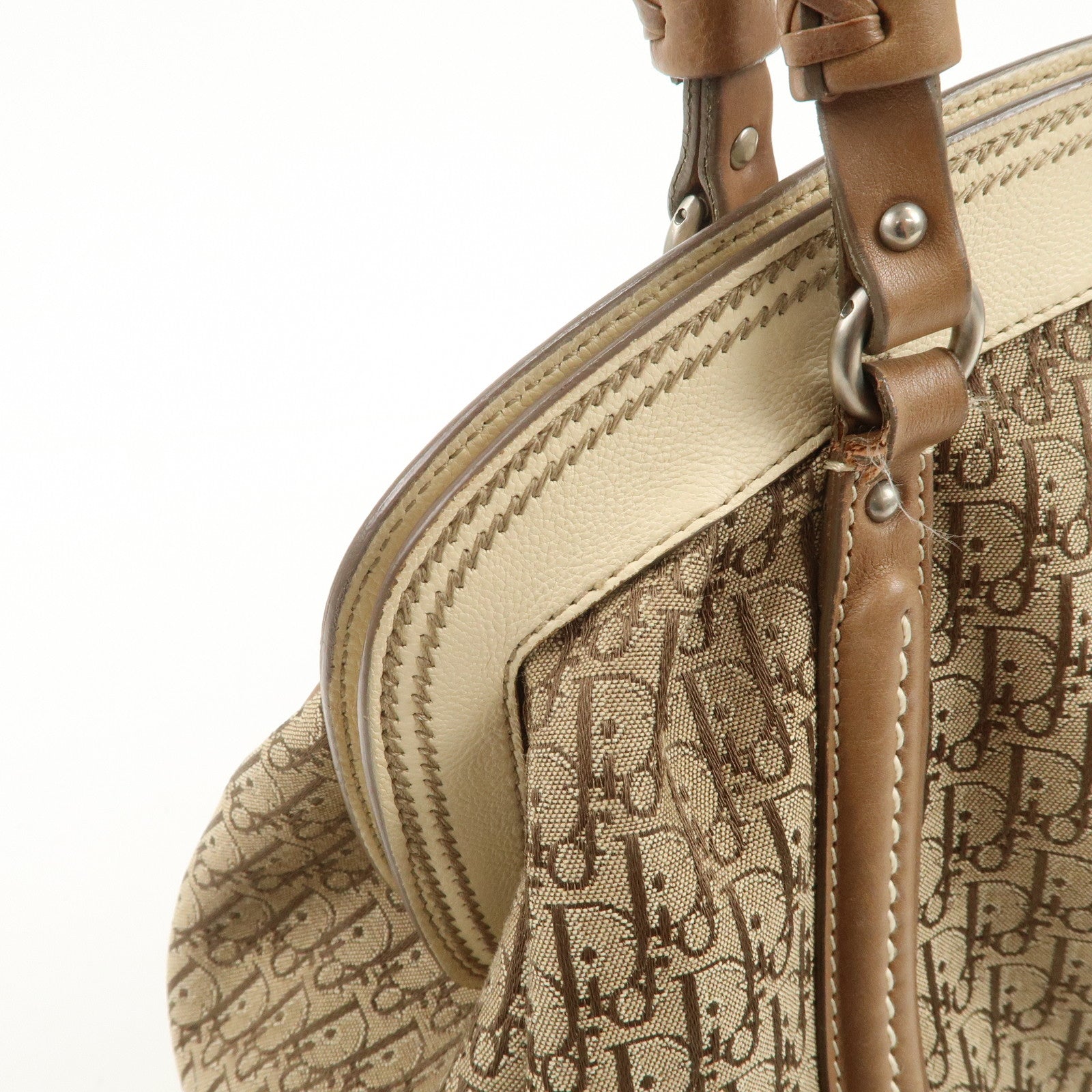 Christian Dior Trotter Canvas Leather Hand Bag Beige Ivory
