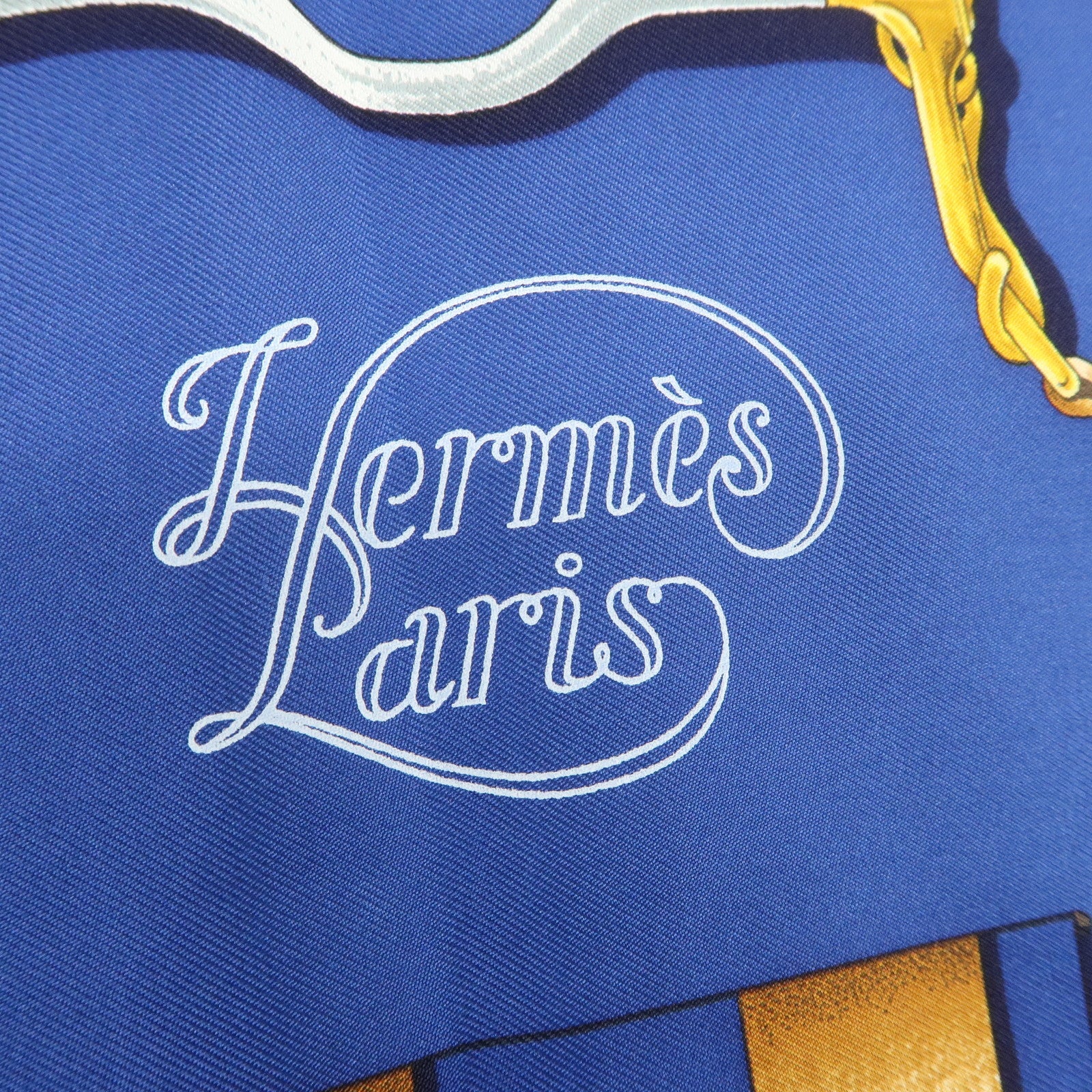 HERMES Carre 90 Silk 100% Grand Manege Scarf Navy Gold
