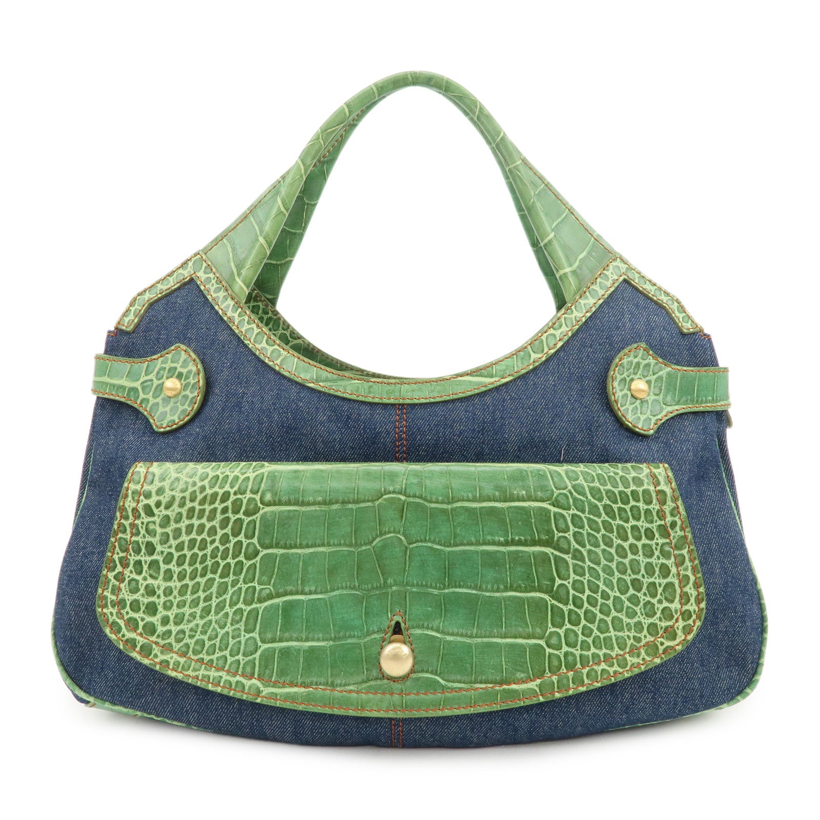 TOD’S Logo Denim Emboss Leather Hand Bag Shoulder Bag Blue Green