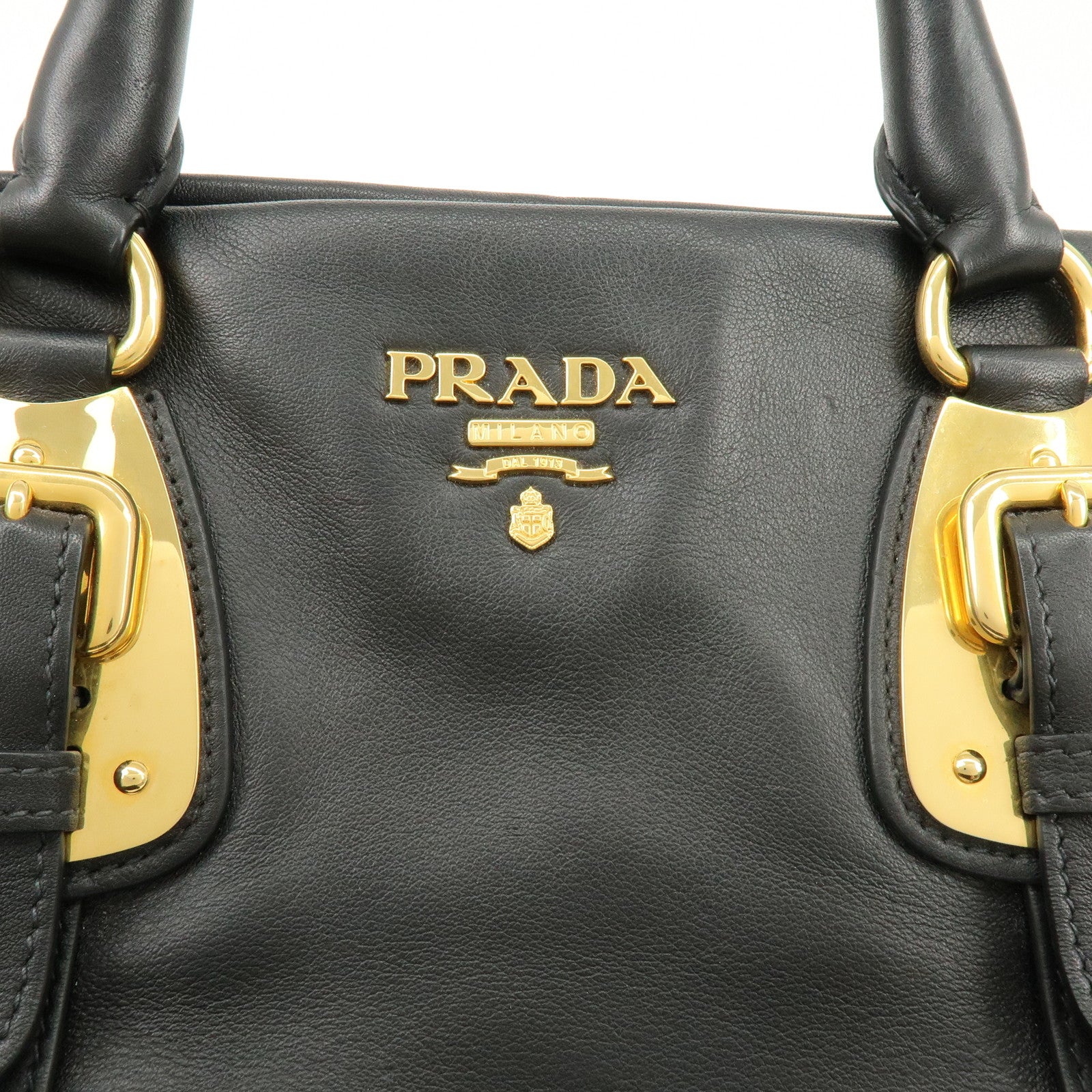PRADA Logo Leather 2Way Bag Hand Bag Shoulder Bag Black Gold BN1903