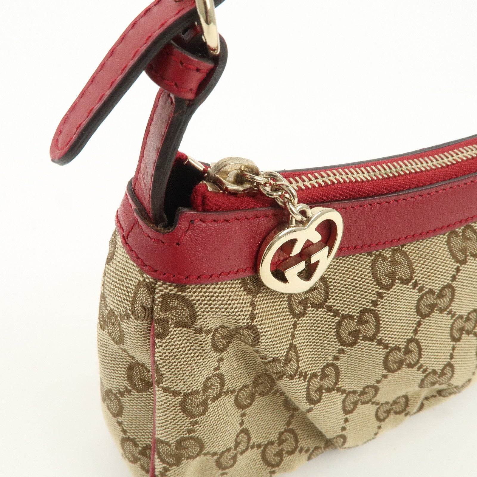 GUCCI Lovely Heart GG Monogram Canvas Leather Hand Bag Brown 245938