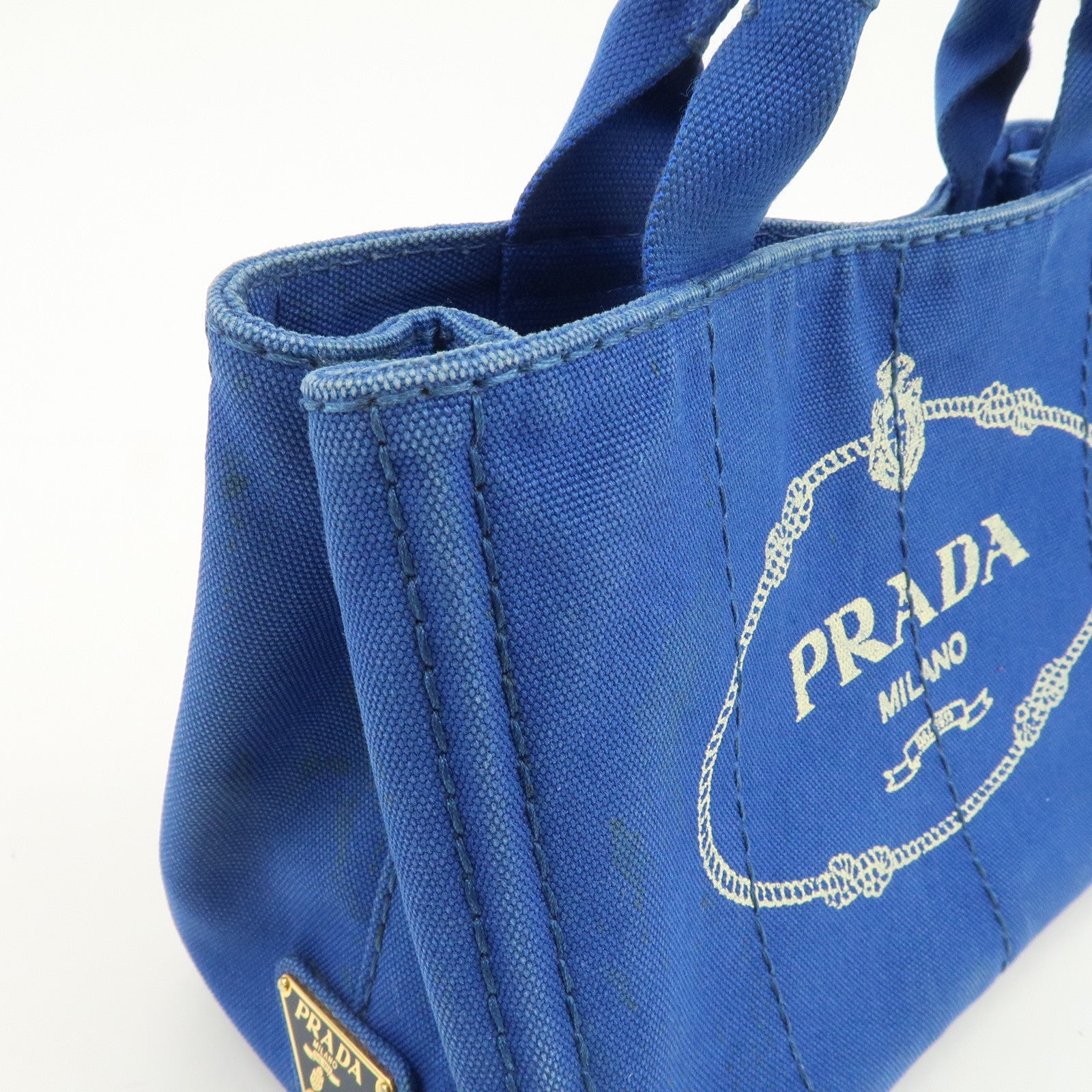 PRADA Logo Canapa Mini Canvas Hand Bag Tote Bag Blue BN2439