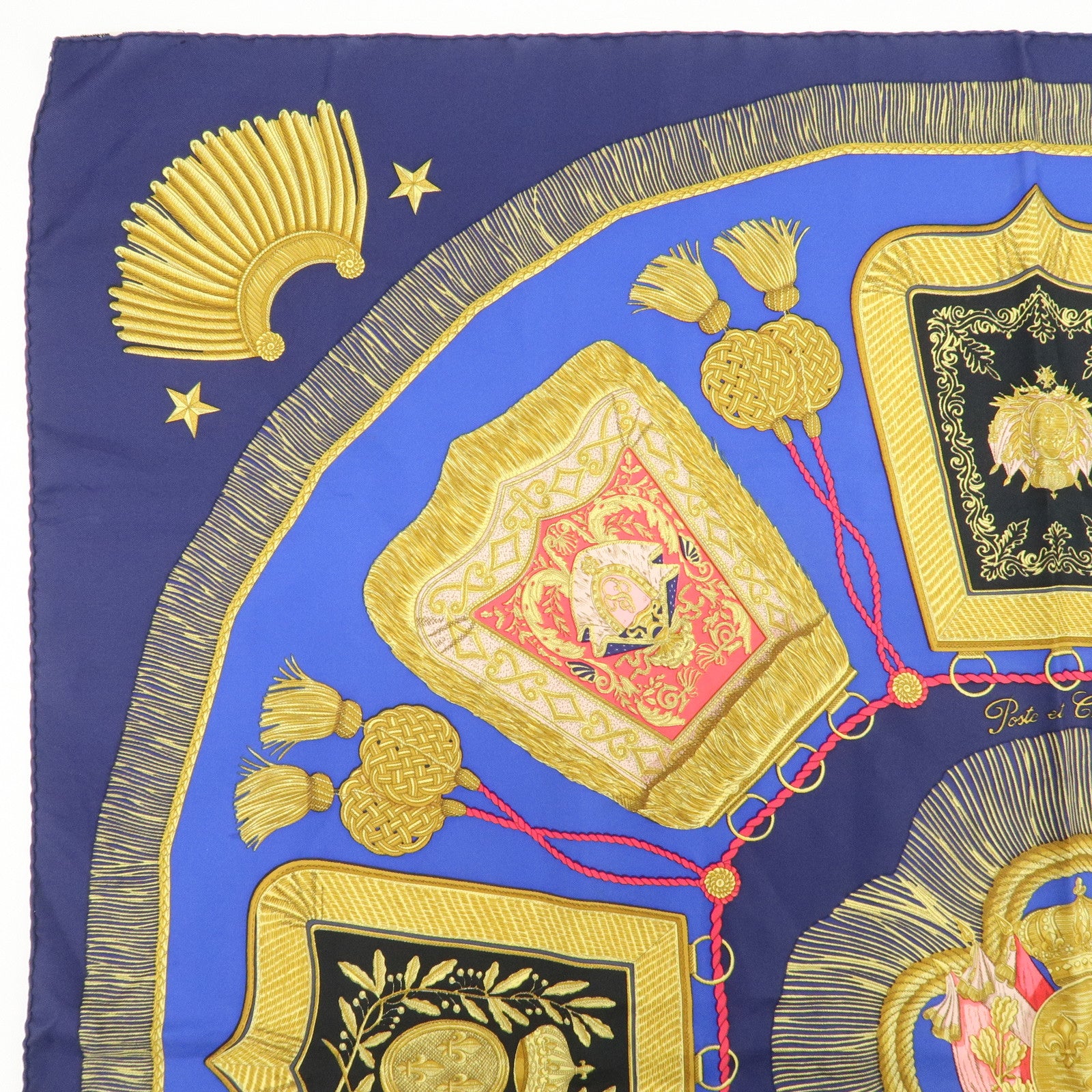 HERMES Carre 90 Silk 100% Paste et Bavalerie Scarf Blue Gold