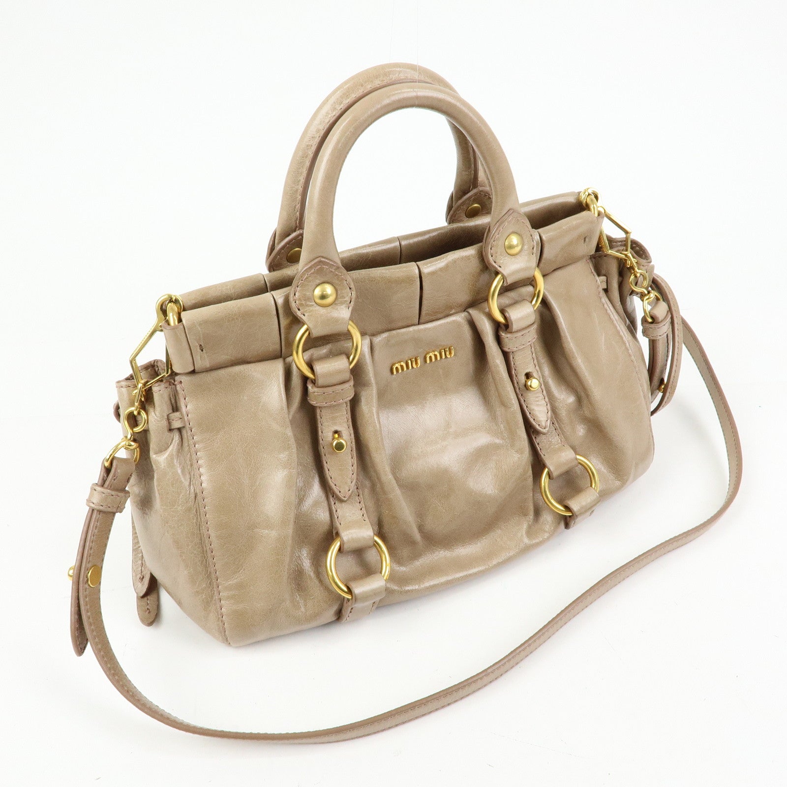 MIU MIU Logo Leather 2Way Bag Hand Bag Shoulder Bag Beige RN0647