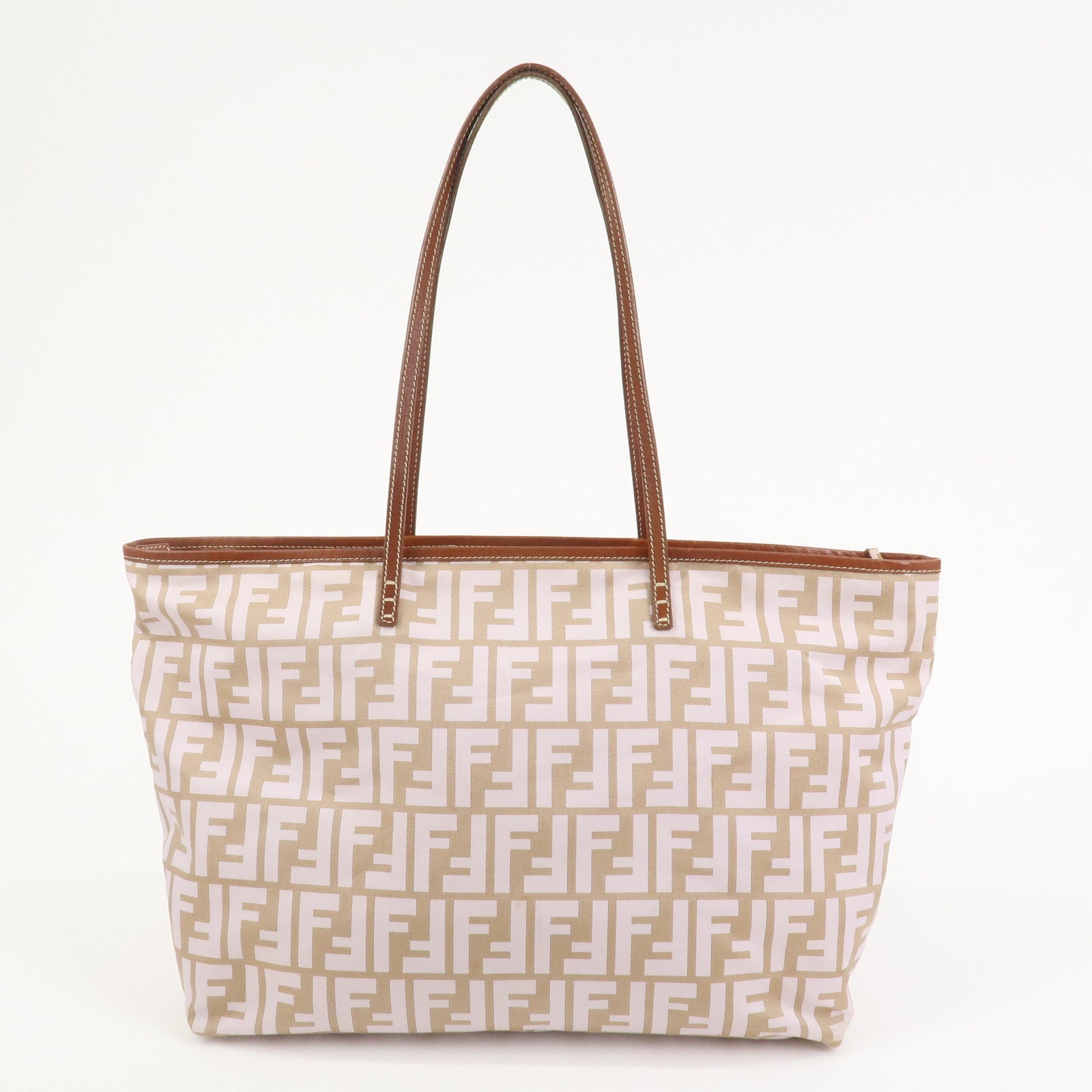 FENDI Zucca Nylon Leather Tote Bag Shoulder Bag Brown Pink 8BH185