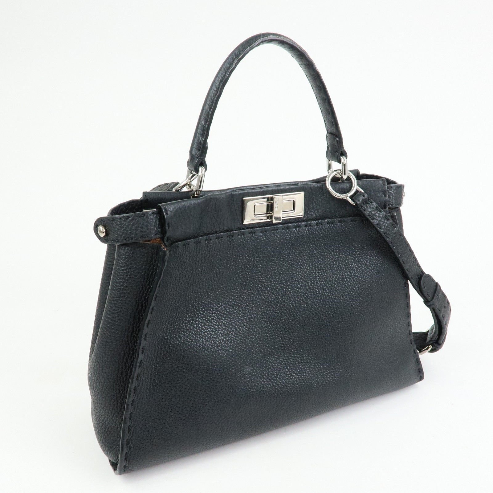 FENDI Peekaboo Selleria Leather 2Way Hand Shoulder Bag Black 8BN290