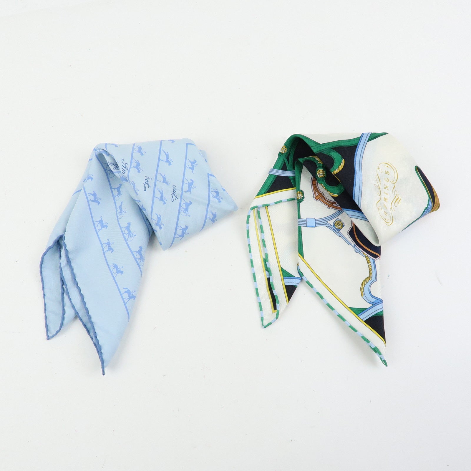 HERMES Petit Carre 42 Set of 2 Silk 100% Scarf Light Blue Black