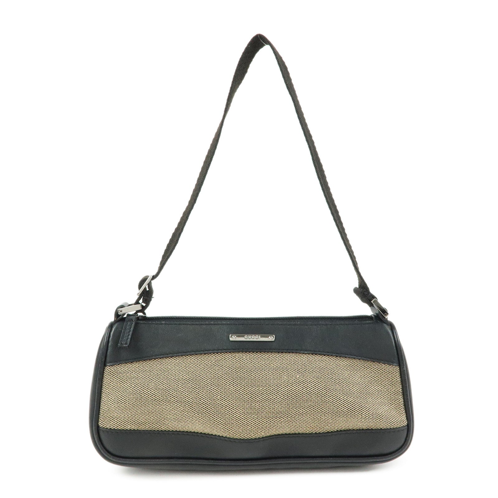 GUCCI Logo Canvas Leather Small Hand Bag Black Beige 92820