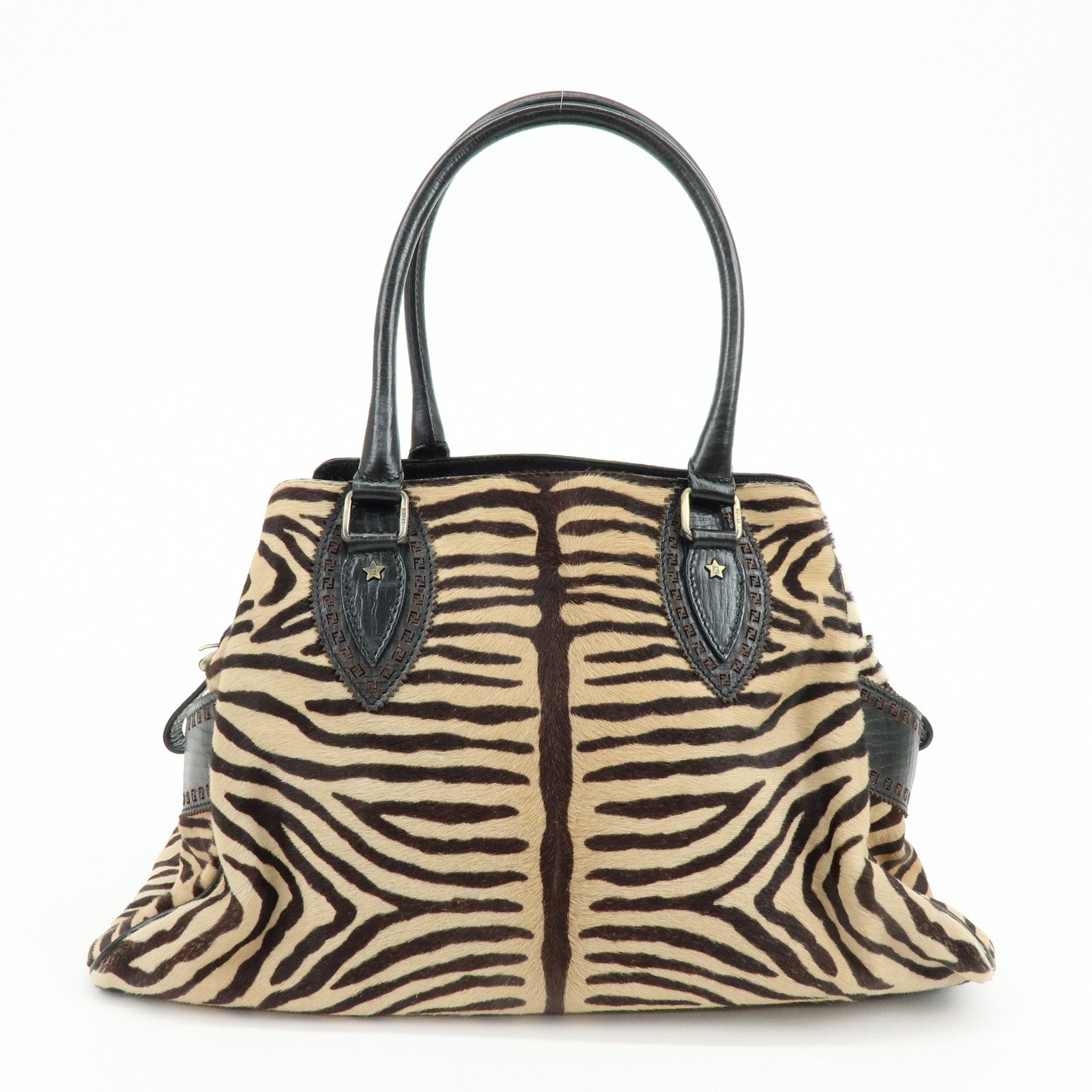 FENDI Etnico Calf Hair Leather Tote Bag Shoulder Bag Brown 8BN162