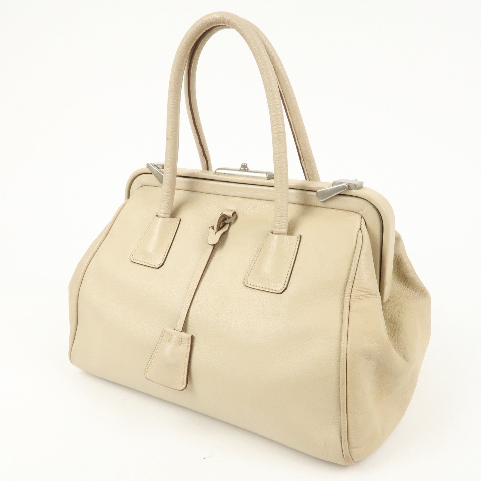 PRADA Leather Doctors Bag Hand Bag Beige Silver
