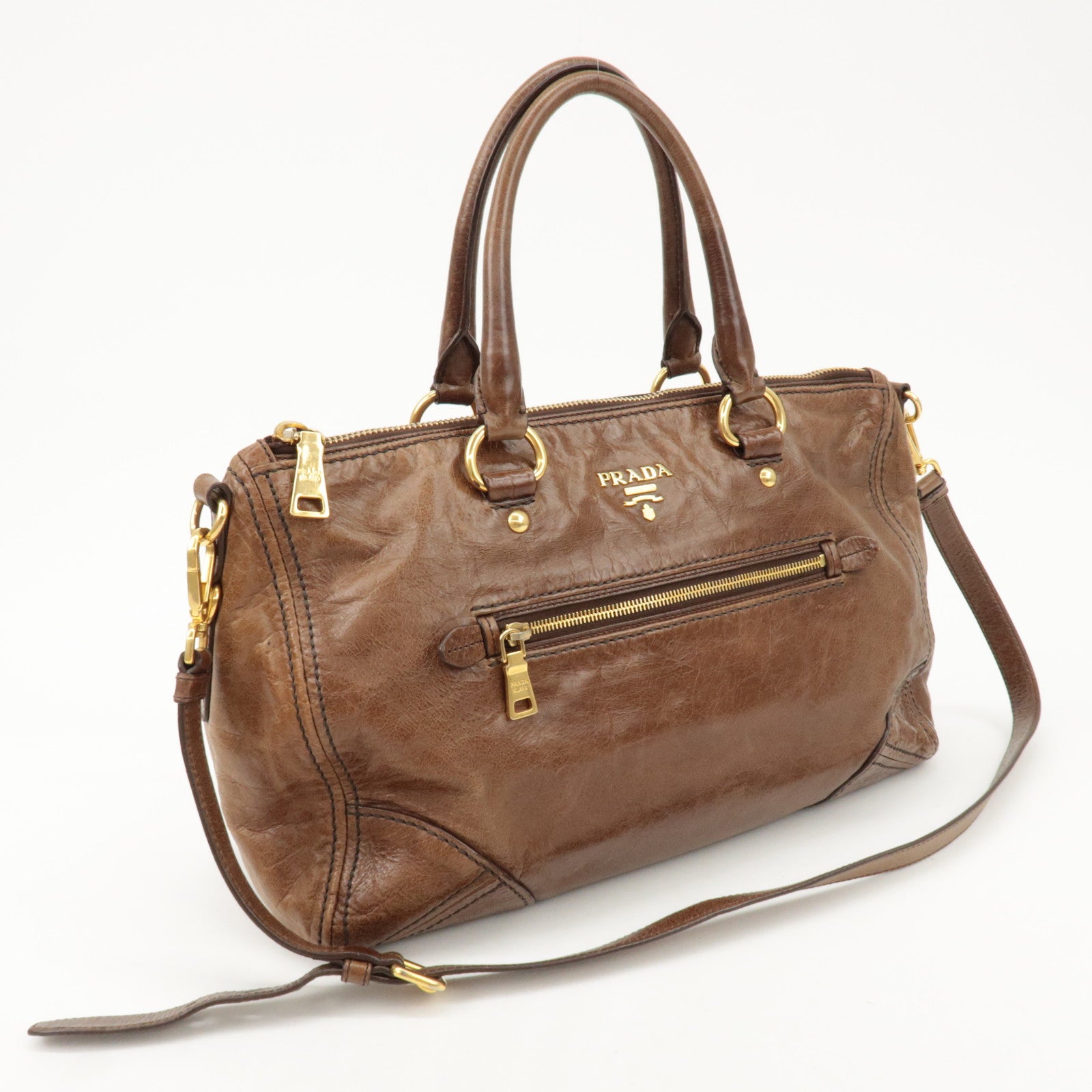 PRADA Logo Leather 2Way Bag Tote Bag Shoulder Bag Brown BL0727 Used