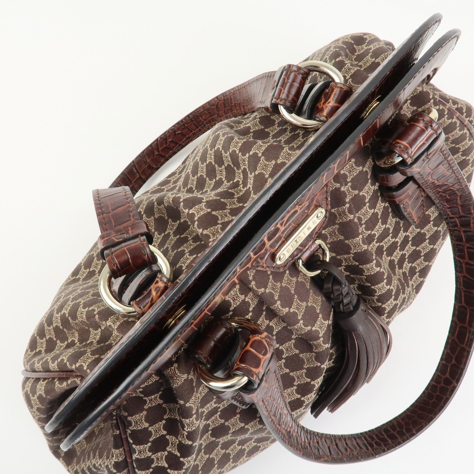 CELINE Macadam Canvas Embossed Leather Shoulder Bag Hand Bag Brown