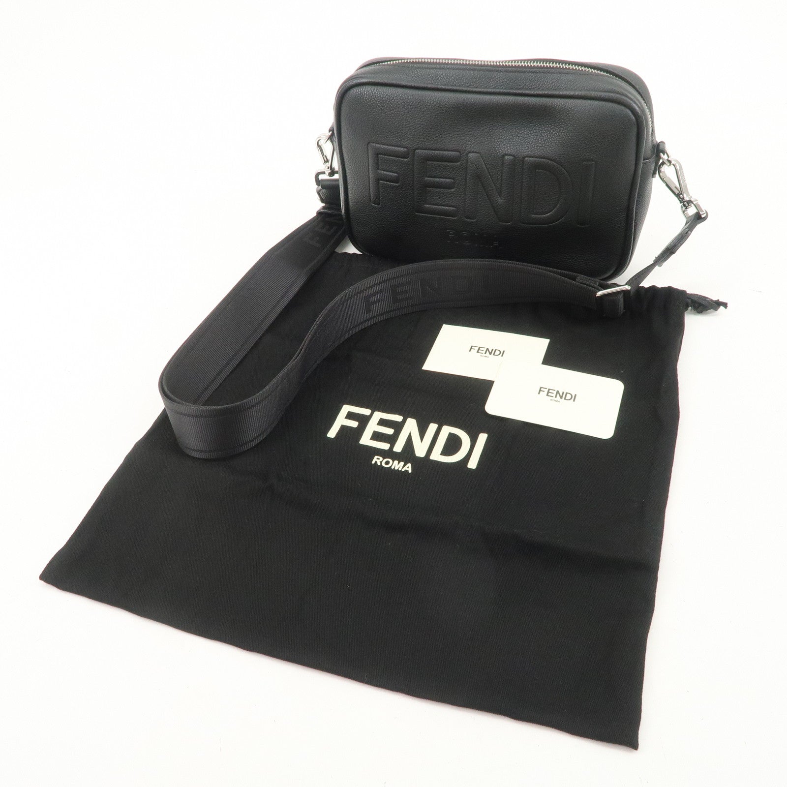 FENDI Logo Leather Camera Case Shoulder Bag Black 7M0286