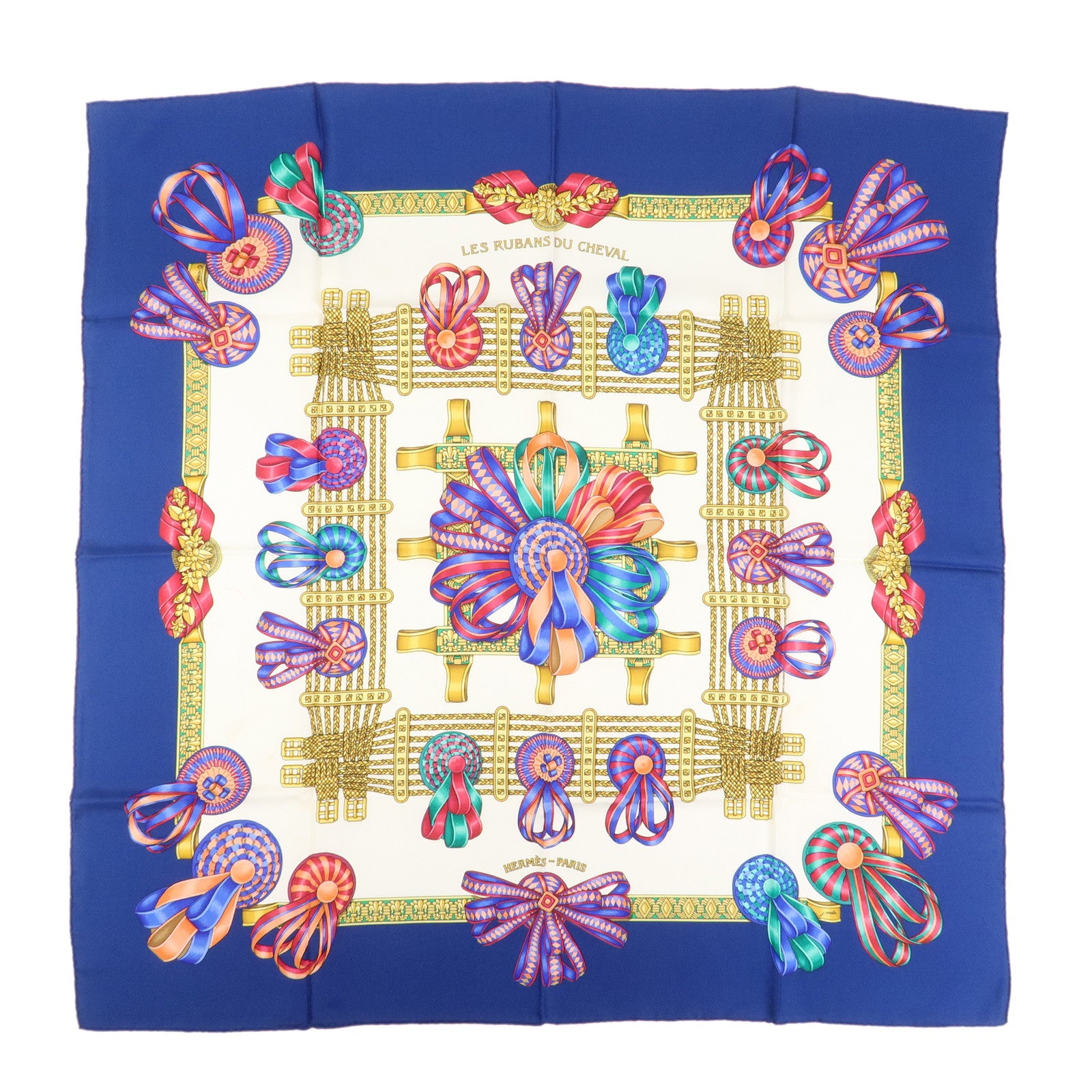 HERMES Carre 90 Silk 100% Scarf LES RUBANS DU CHEVAL Blue White