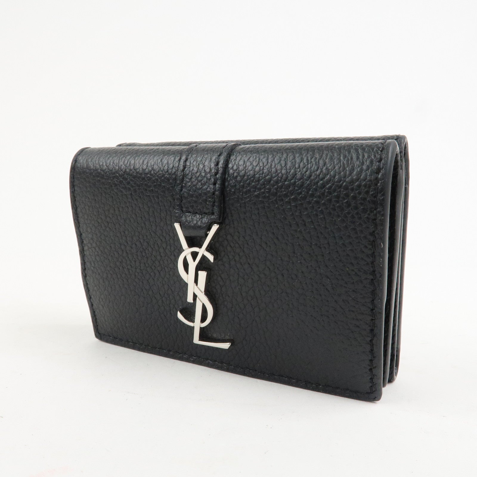 SAINT LAURENT Leather Tri-fold Compact Wallet Black Silver HDW