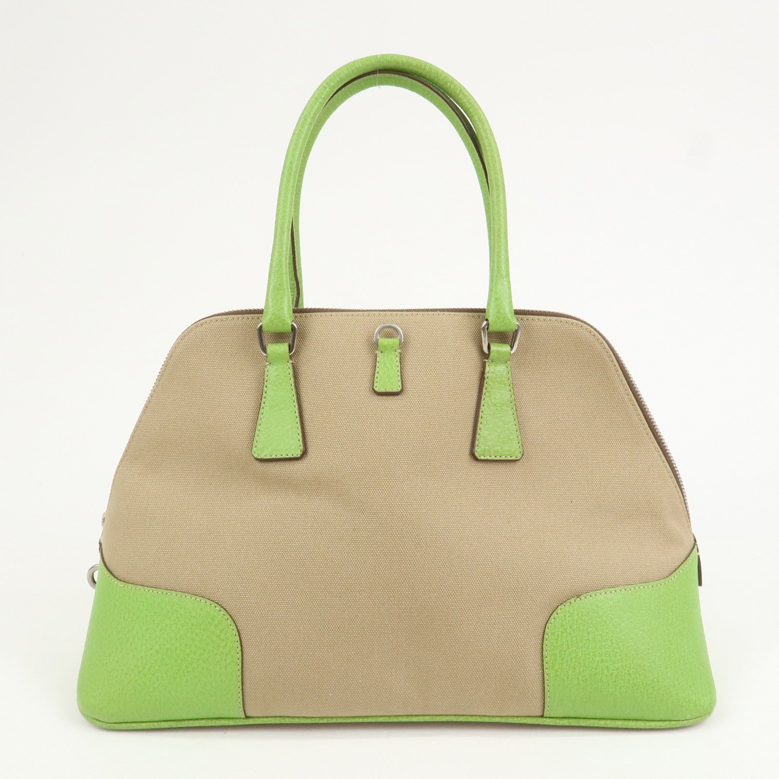 PRADA Canvas Leather Tote Bag Hand Bag  Beige Light Green BN0082