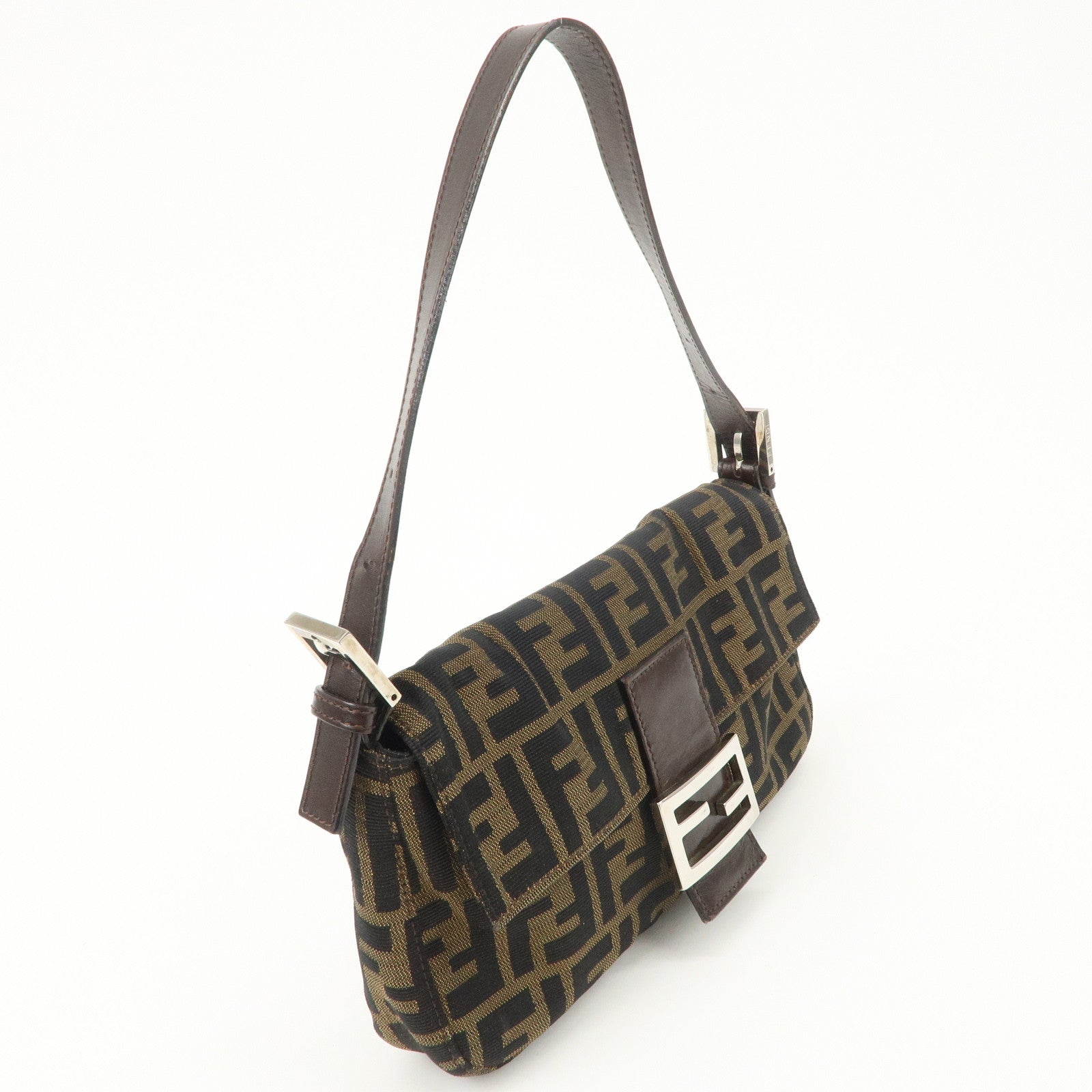 FENDI Mamma Baguette Zucca Canvas Leather Shoulder Bag Black Brown 26424