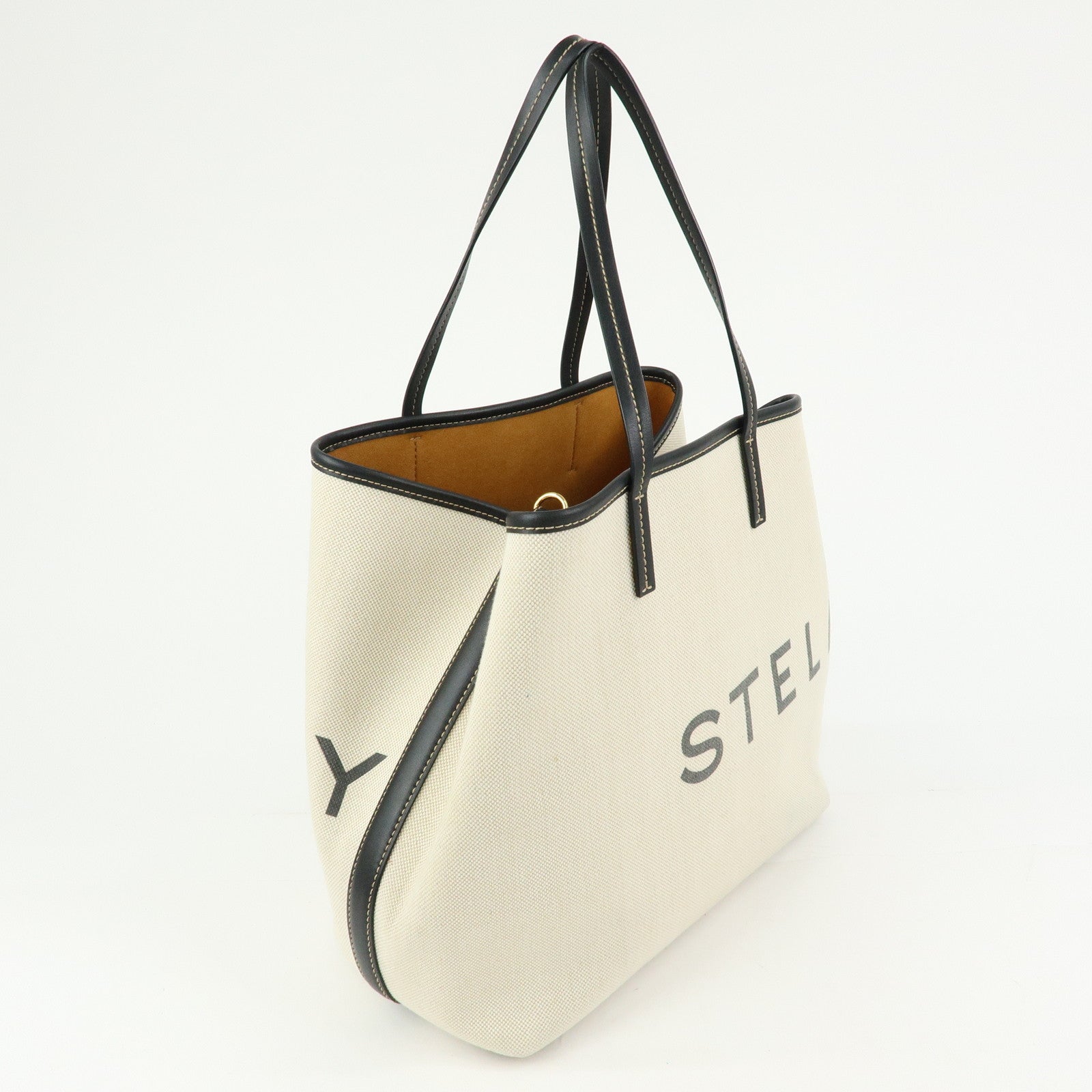 STELLA MCCARTNEY Leather Canvas Tote Bag Shoulder Bag Ecru Black