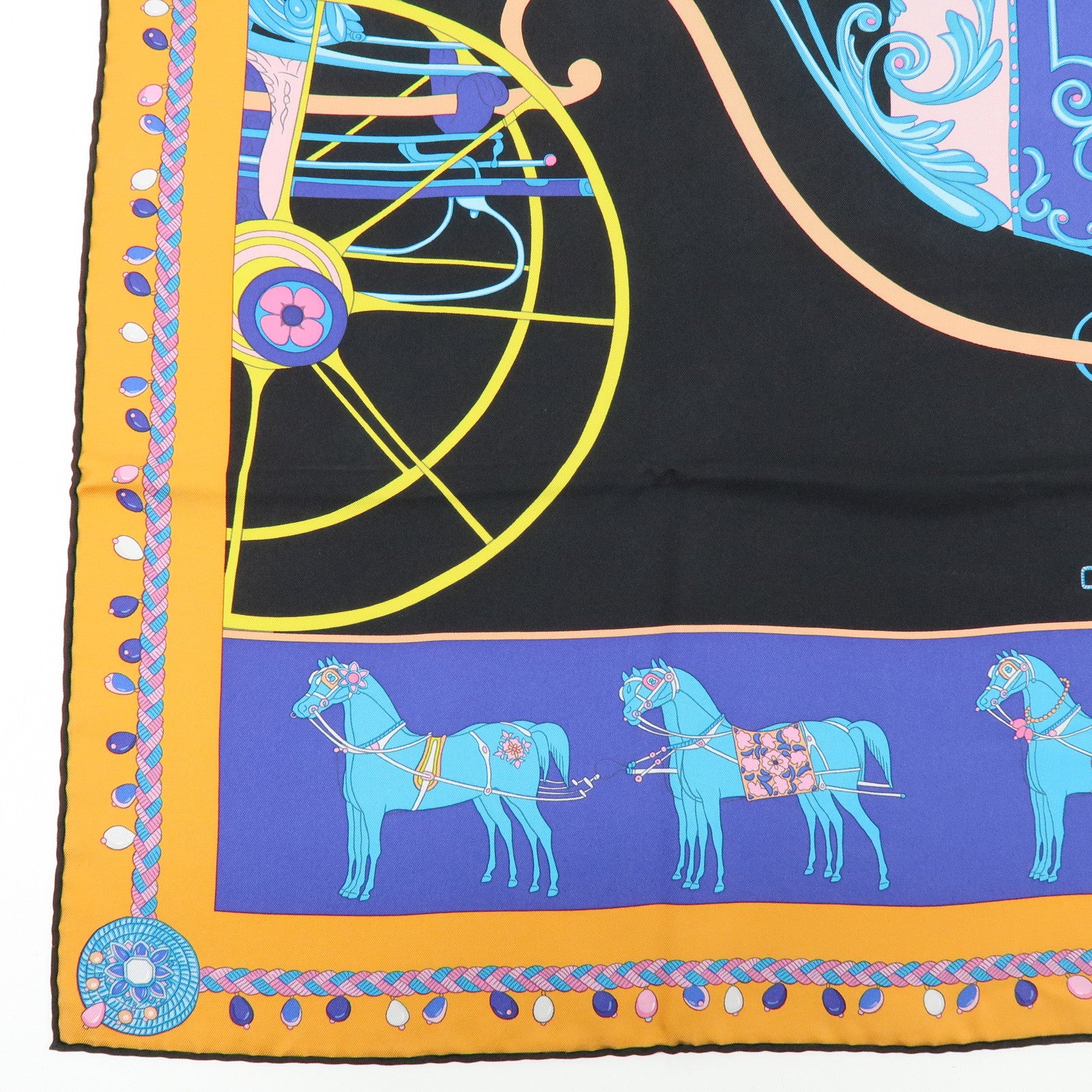 HERMES Carre 90 Silk 100% Scarf COUPE DE GALA Black Orange Blue