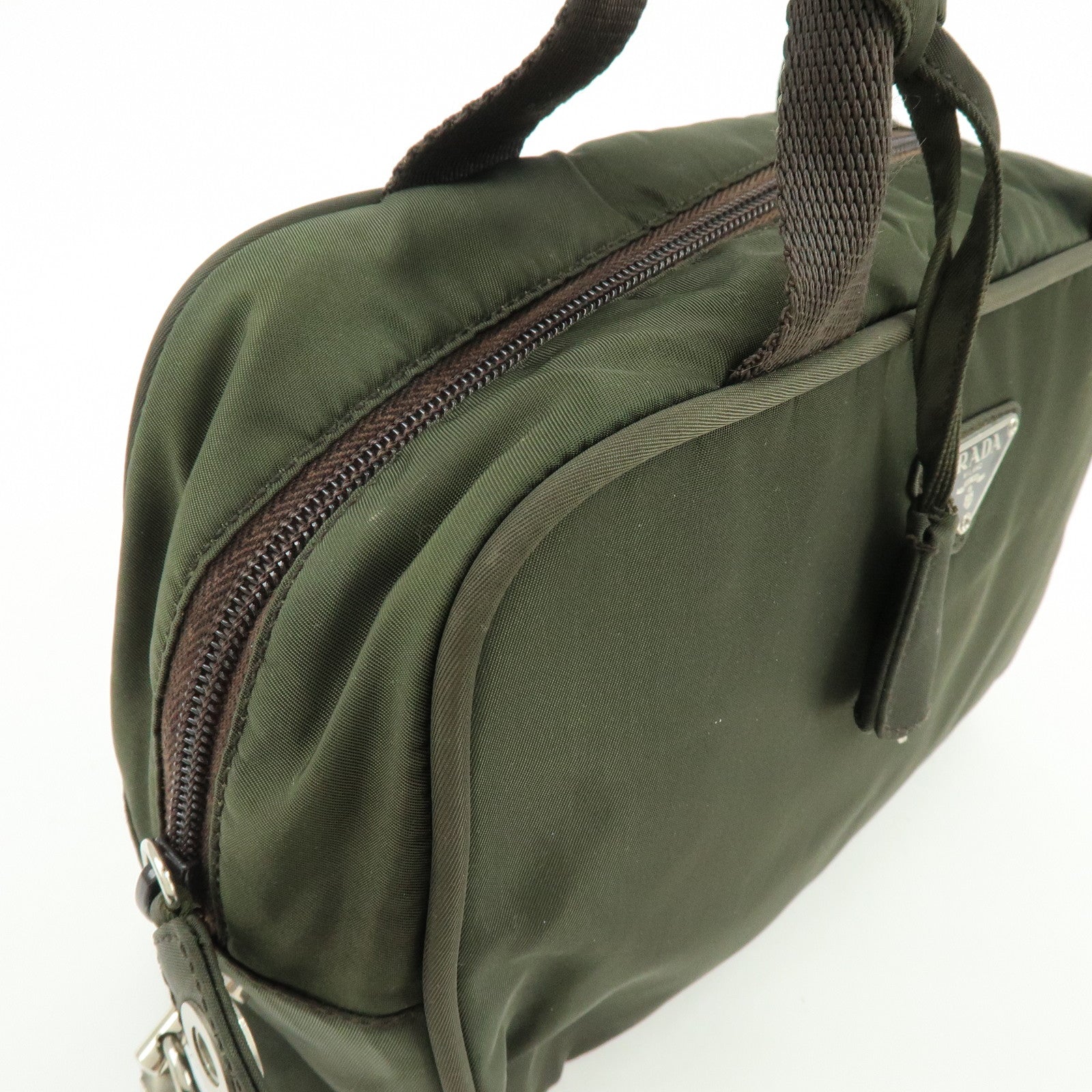 PRADA Triangle Logo Nylon Leather Hand Bag Tote Boston Bag Khaki