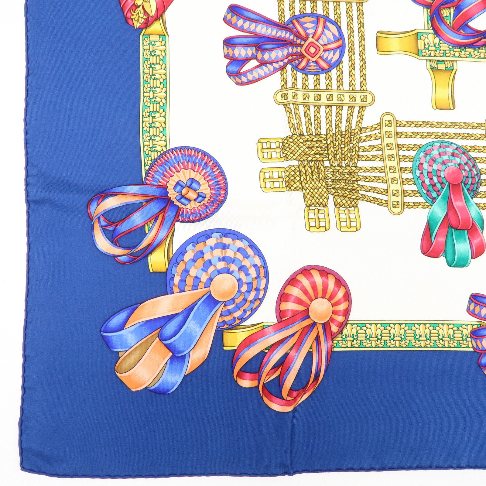 HERMES Carre 90 Silk 100% Scarf LES RUBANS DU CHEVAL Navy Gold