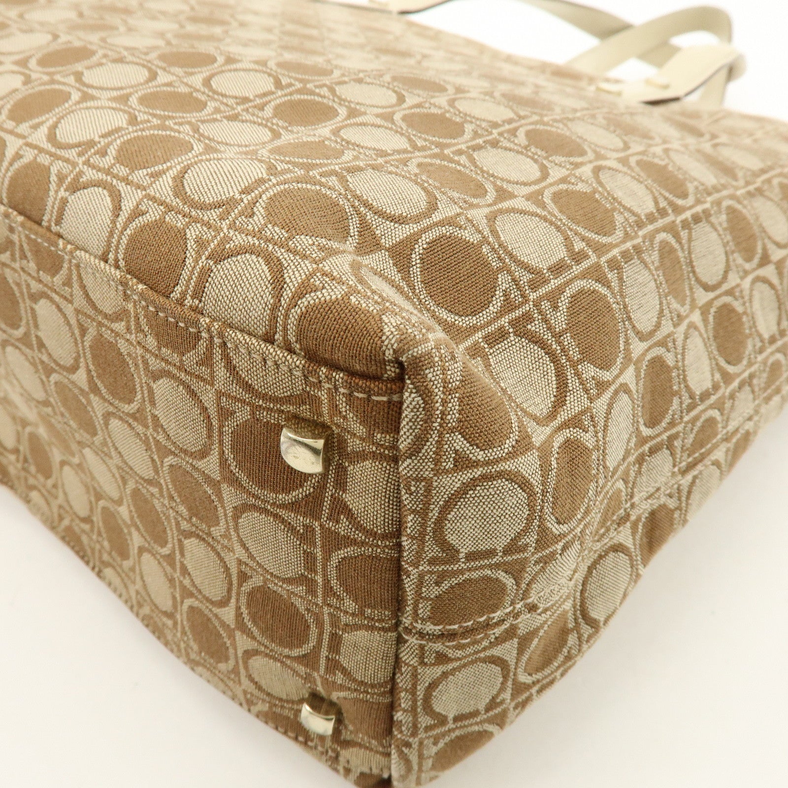 Ferragamo Gancini Canvas Leather Tote Bag Hand Bag Brown Beige