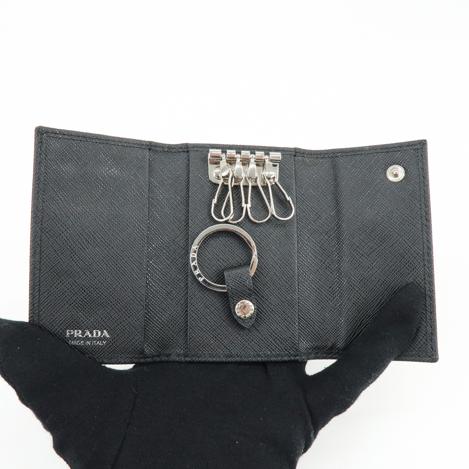 PRADA Triangle Logo Saffiano Leather Key Case Key Ring Black 1PG004