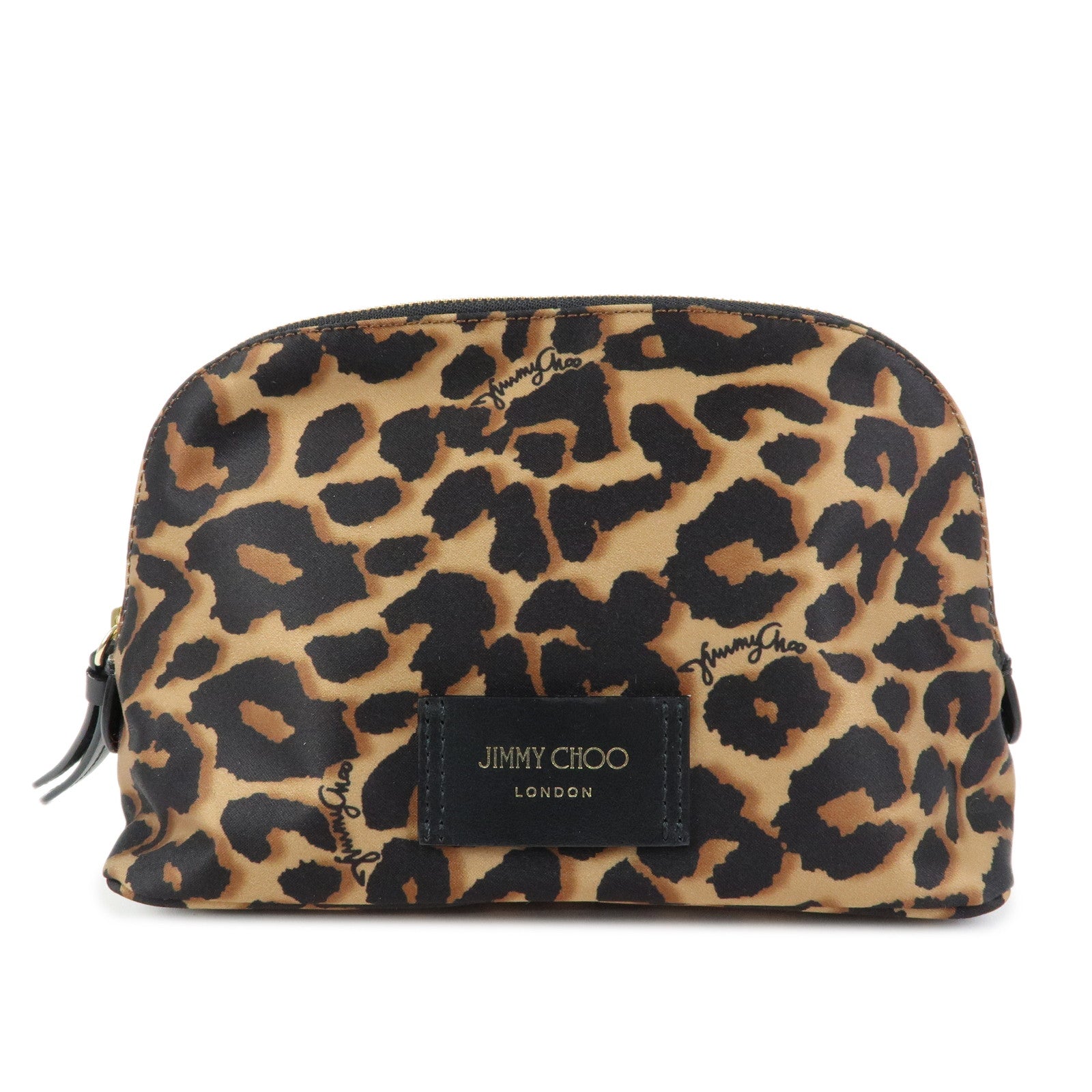 JIMMY CHOO Nylon Leather Leopard Clutch Pouch Makeup Bag Brown