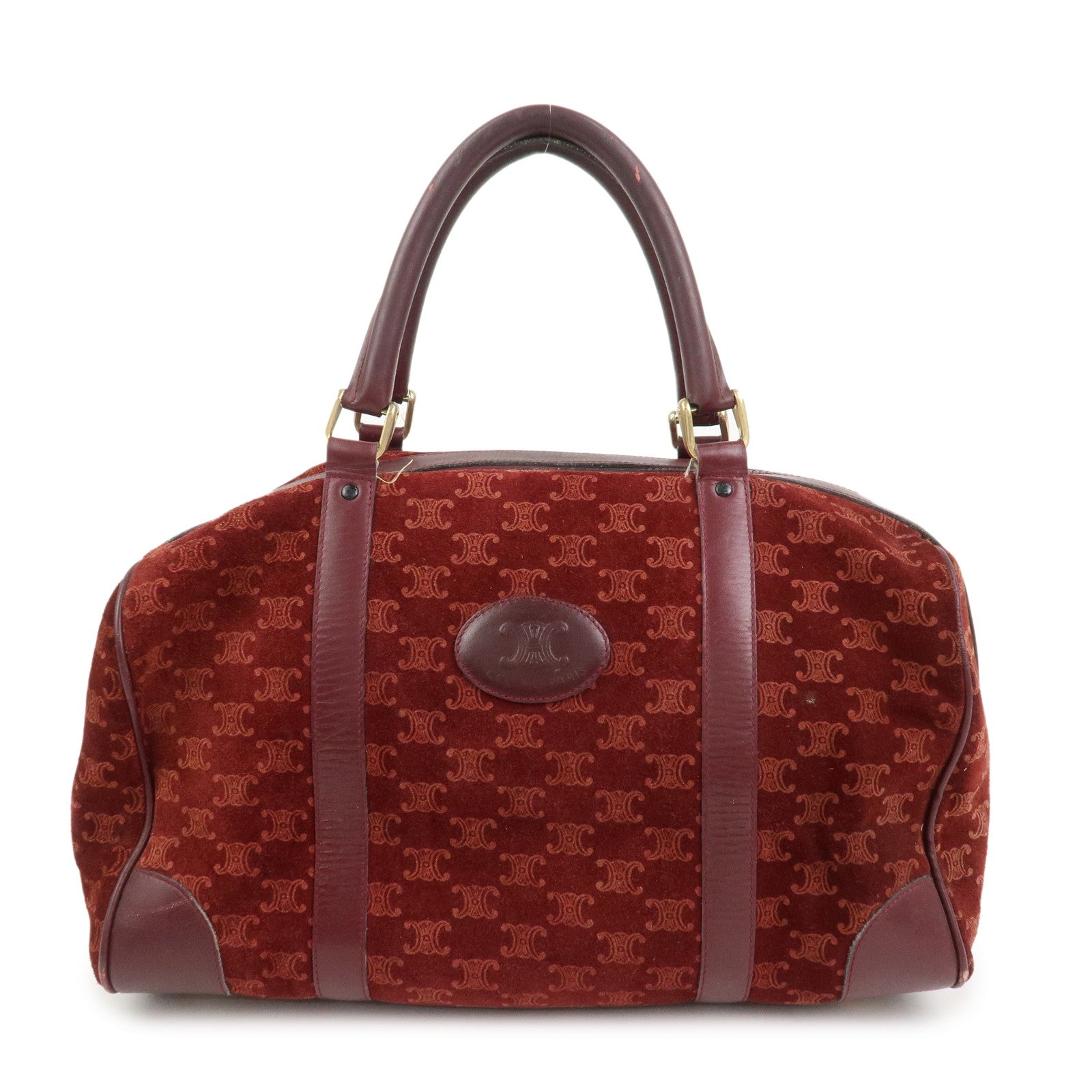 CELINE Macadam Logo Suede Leather Boston Bag Hand Bag Red Brown