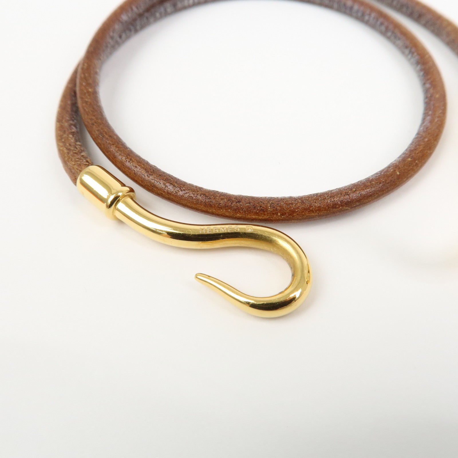 HERMES Jumbo Choker Leather Metal Bracelet Brown