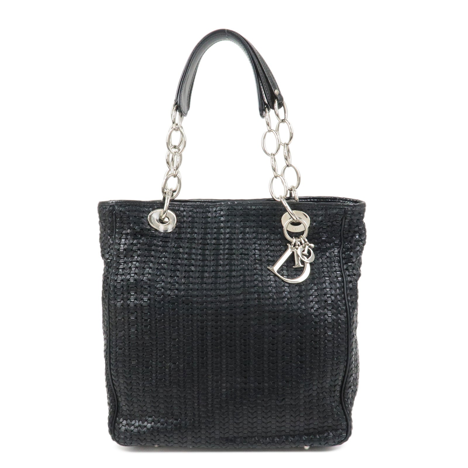 Christian Dior Woven Leather Logo Charm Chain Tote Bag Black